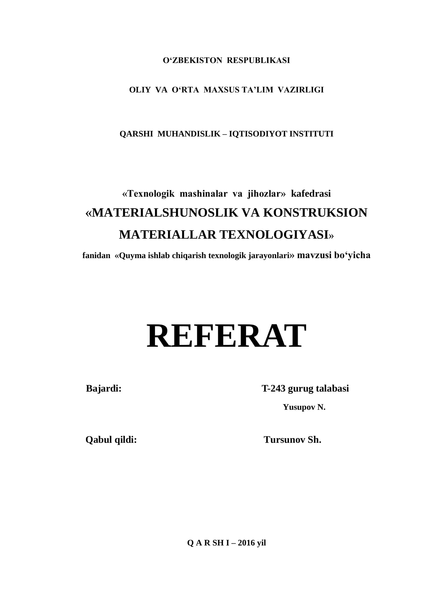 Quyma ishlab chiqarish texnologik jarayonlari