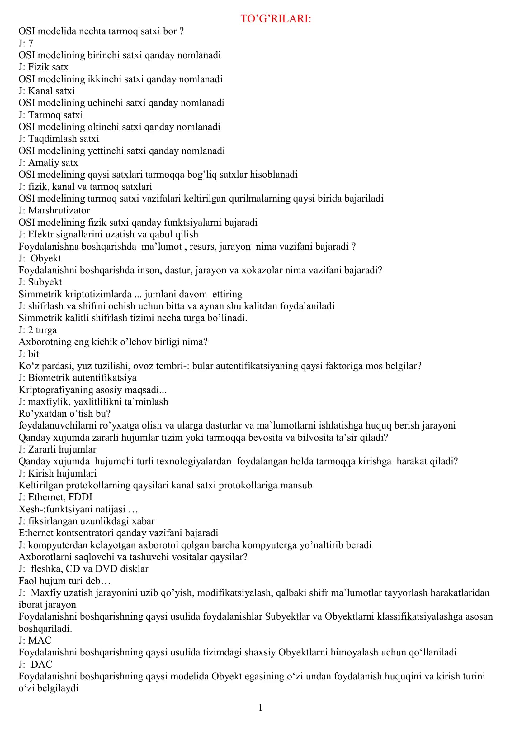 Kiberxavfsizlik asoslari test savollari javoblari