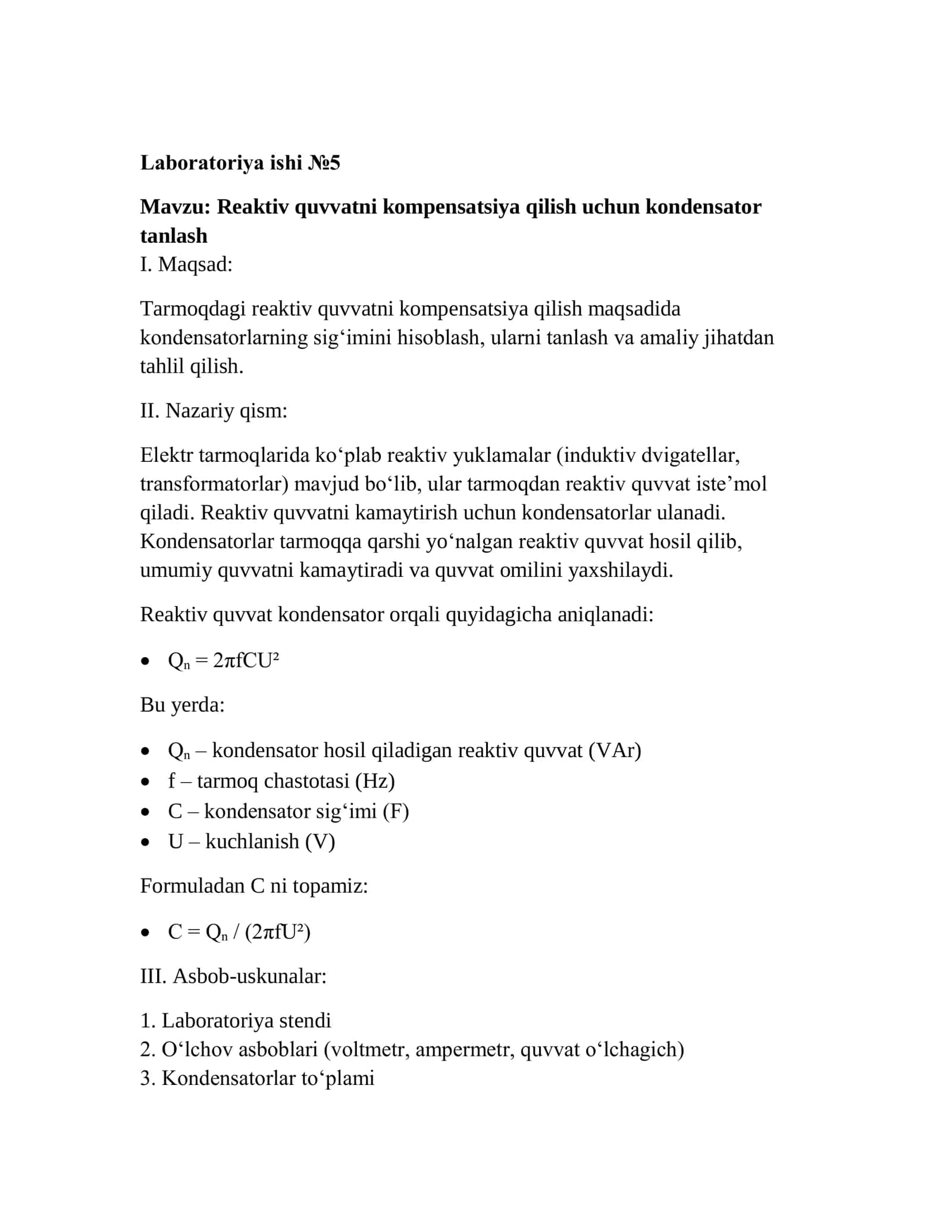 Reaktiv quvvatni kompensatsiya qilish uchun kondensator tanlash