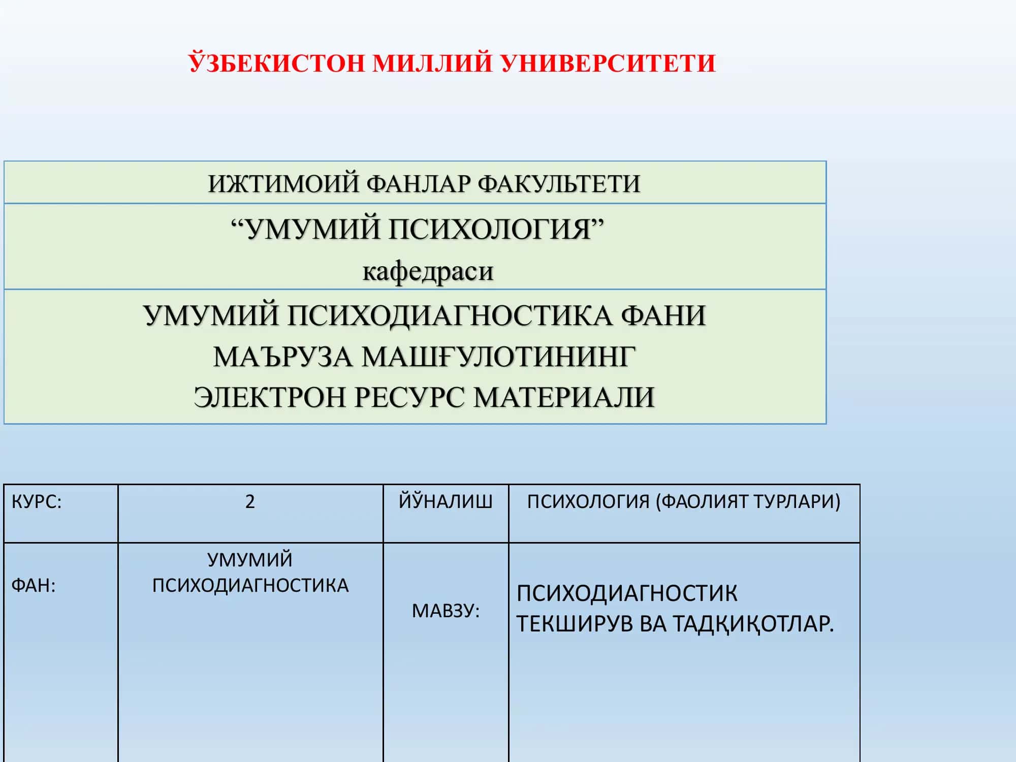 ПСИХОДИАГНОСТИК ТЕКШИРУВ ВА ТАДҚИҚОТЛАР.