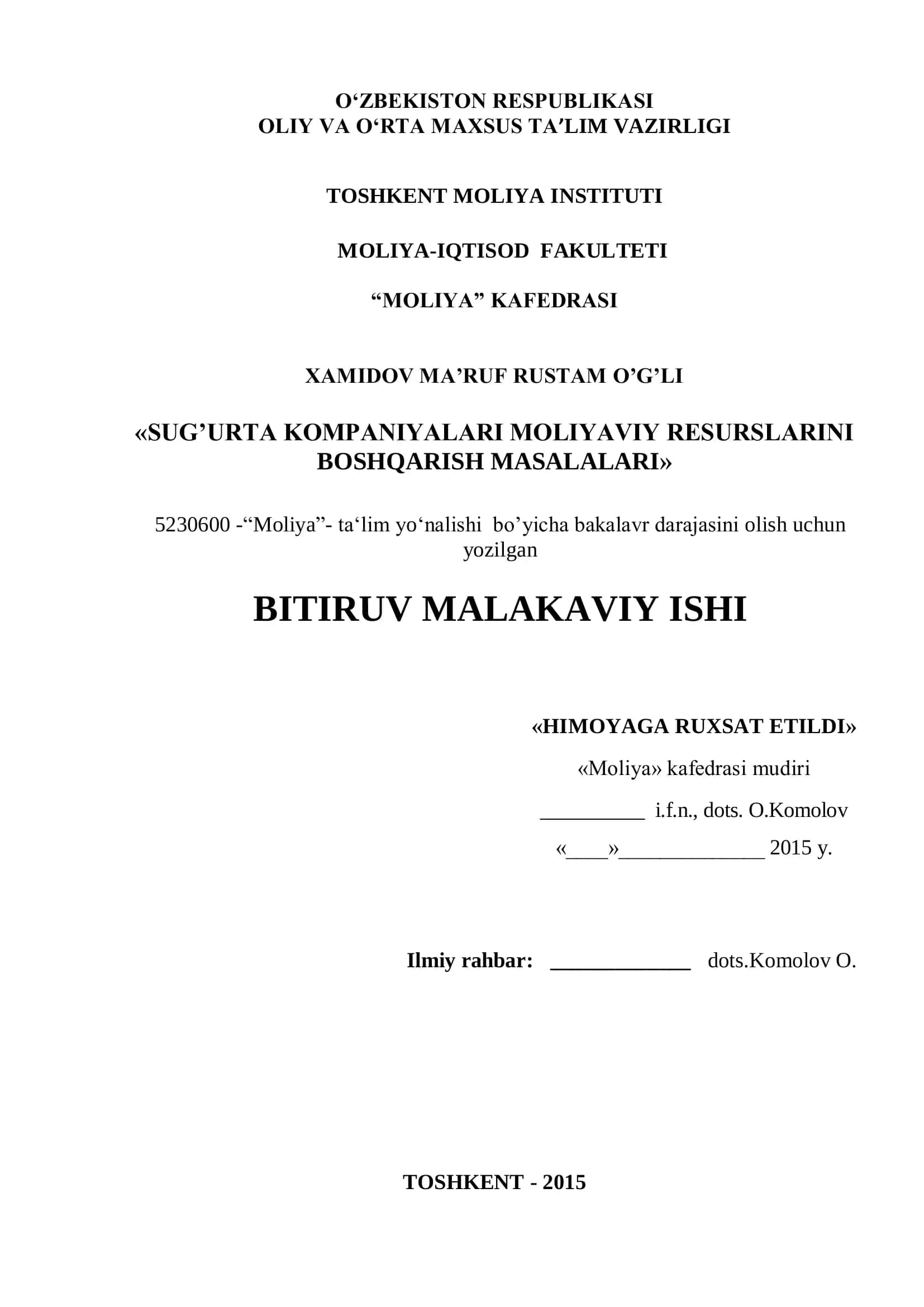 Sug’urta kompaniyalari moliyaviy resurslarini boshqarish masalalari