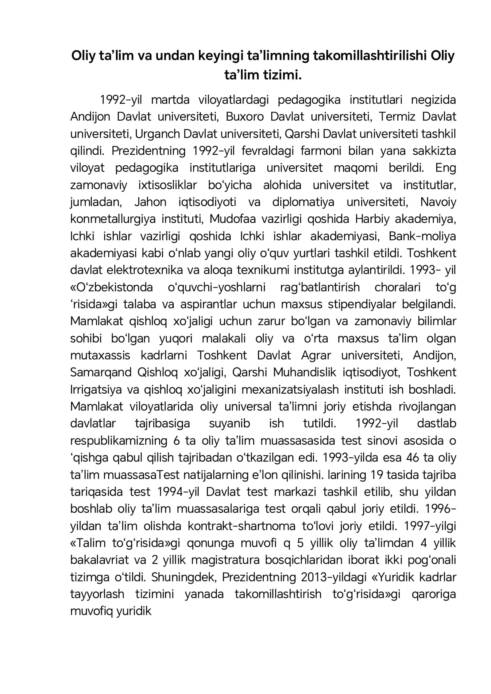 Oliy ta’lim va undan keyingi ta’limning takomillashtirilishi Oliy Ta’lim tizimi