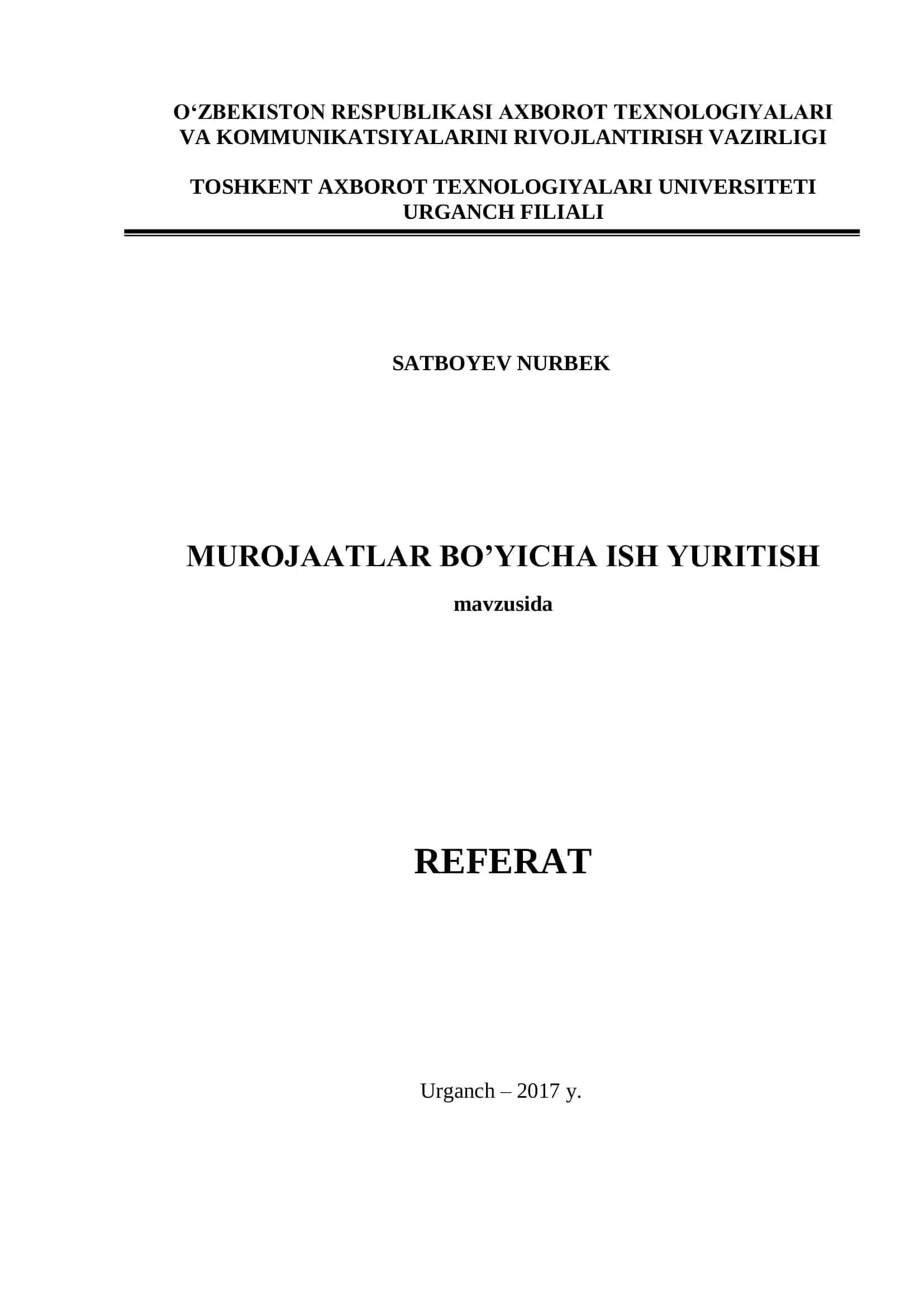 Murojaatlar bo’yicha ish yuritish - REFERAT