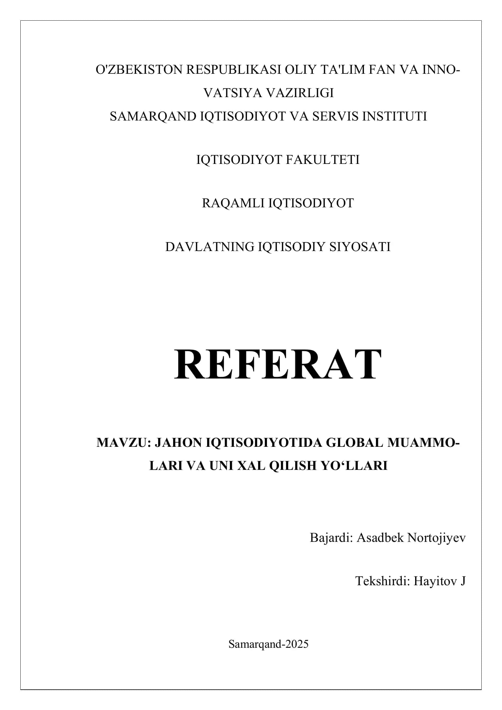 DAVALATNING IQTISODIY SIYOSATI