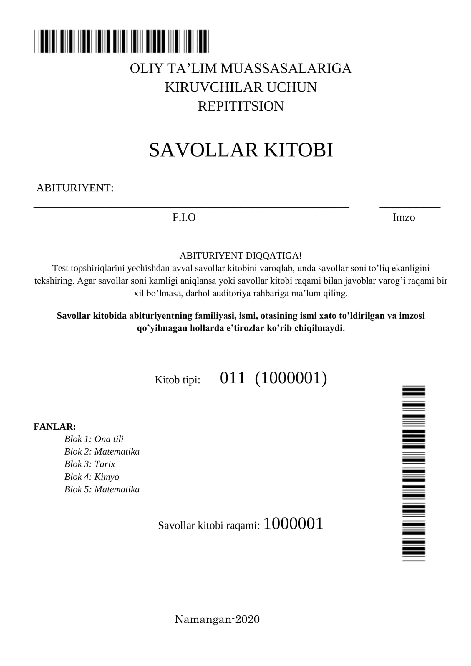 REPITITSION SAVOLLAR KITOBI
