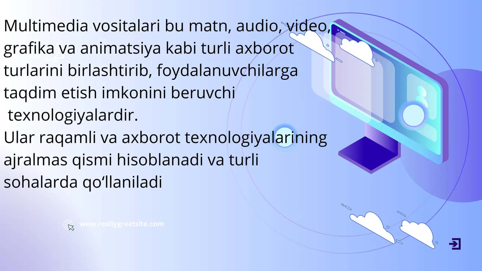 Multimedia vositalari bu matn, audio, video, grafika grafika nusxasi