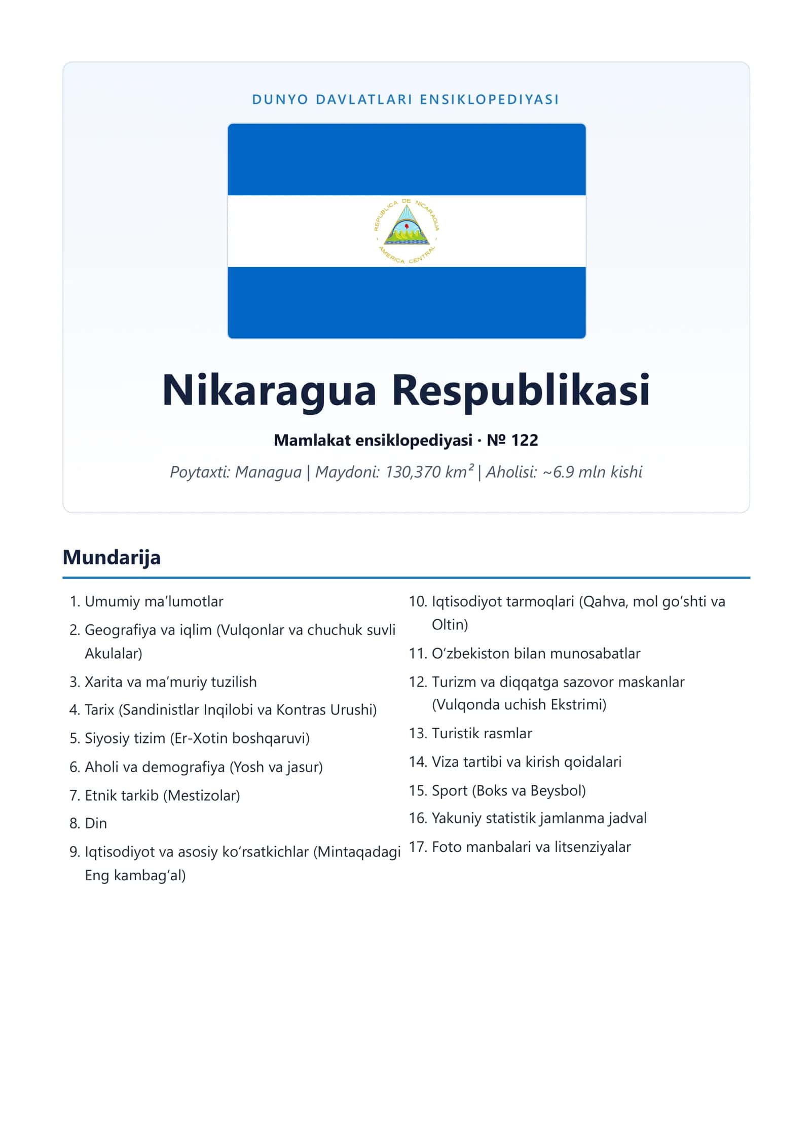 DUNYO DAVLATLARI ENSIKLOPEDIYASI Nikaragua Respublikasi