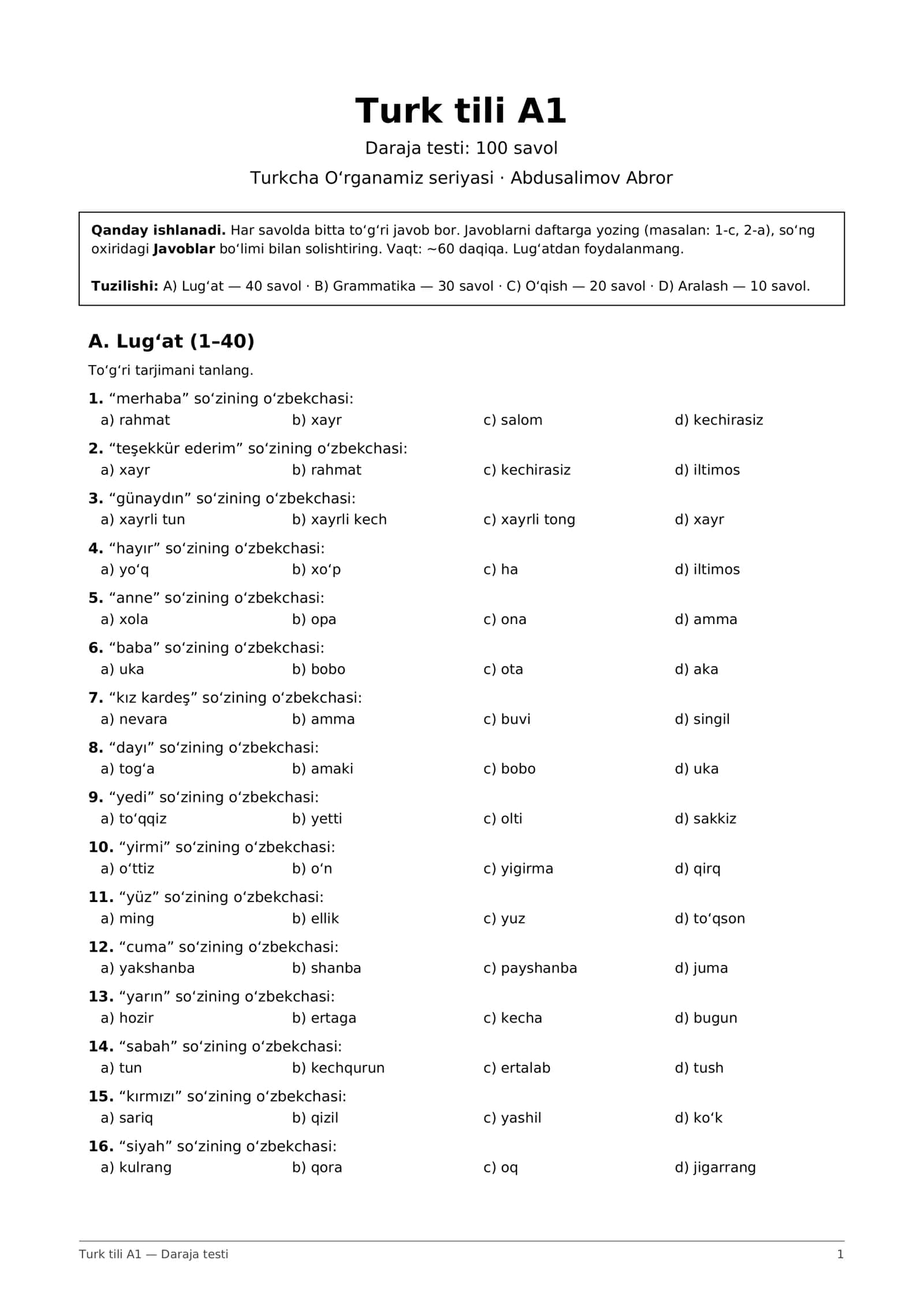 Turk tili A1 mini test: 100 savol + javoblar (PDF)