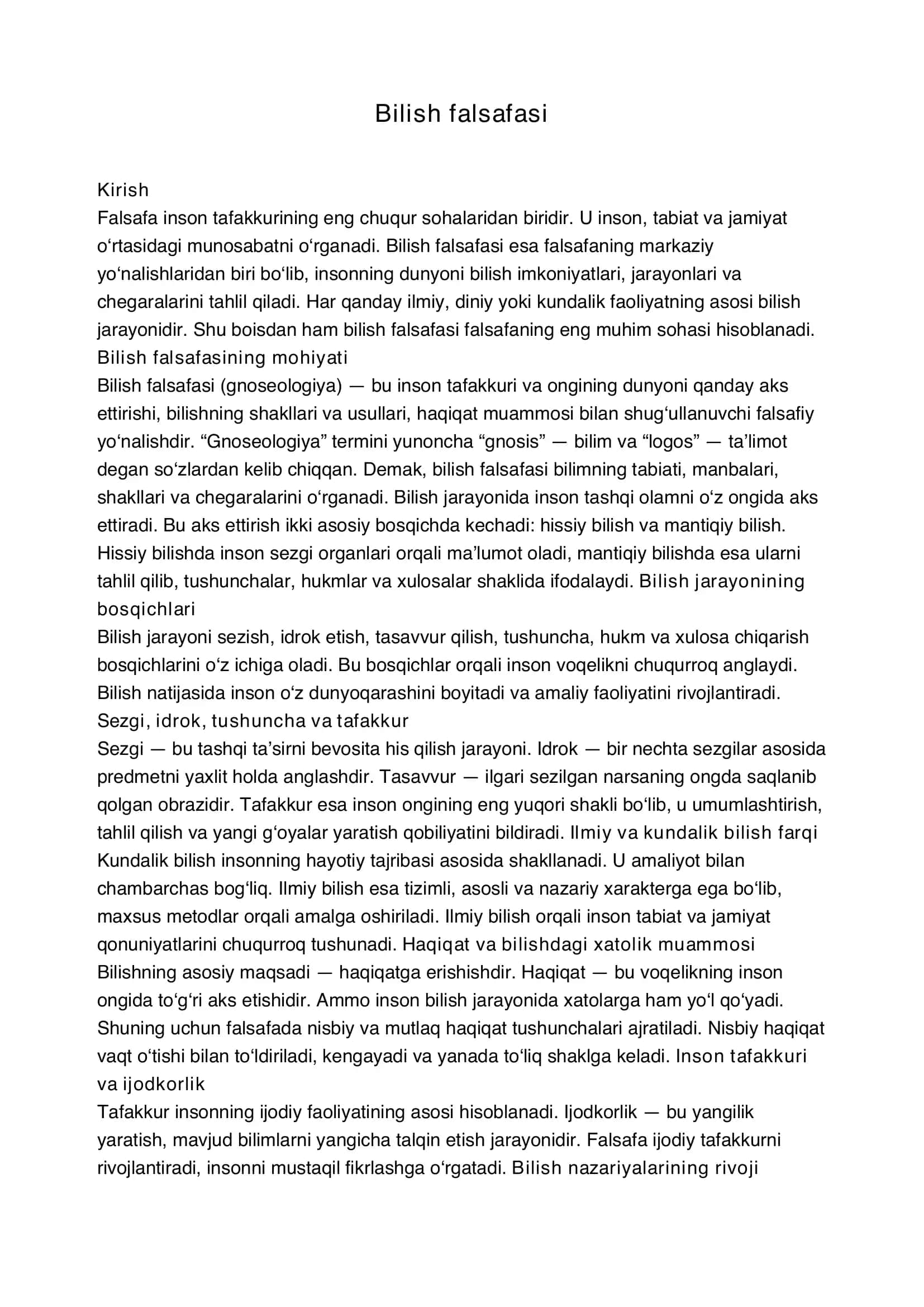 Bilish falsafasi mavzusida sodda darslik qoʻllanma studentlar uchun