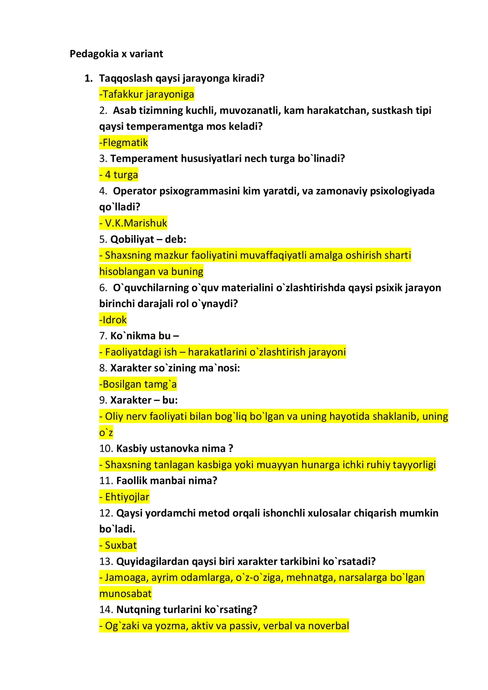 Pedagogika va psixologiya test savollari javoblari