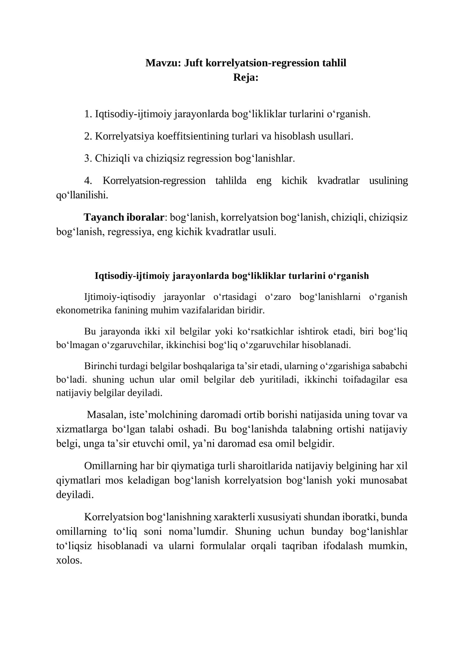 Juft korrelyatsion-regression tahlil