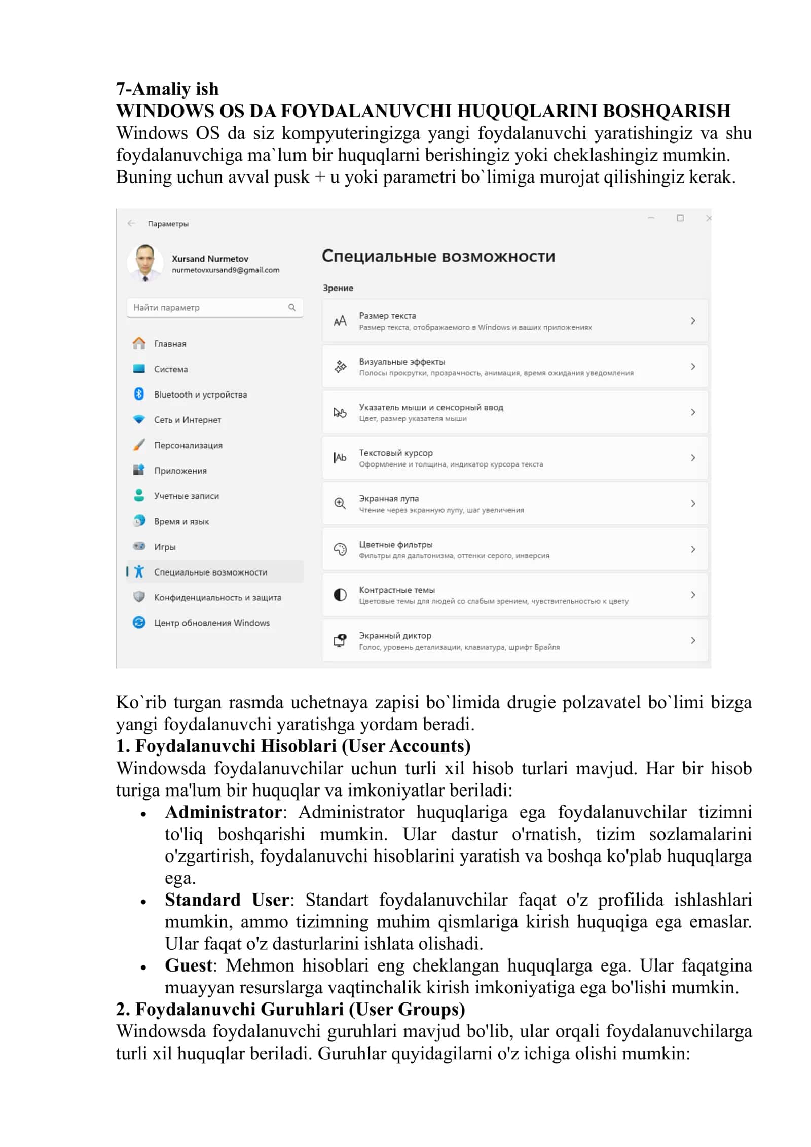 WINDOWS OS DA FOYDALANUVCHI HUQUQLARINI BOSHQARISH