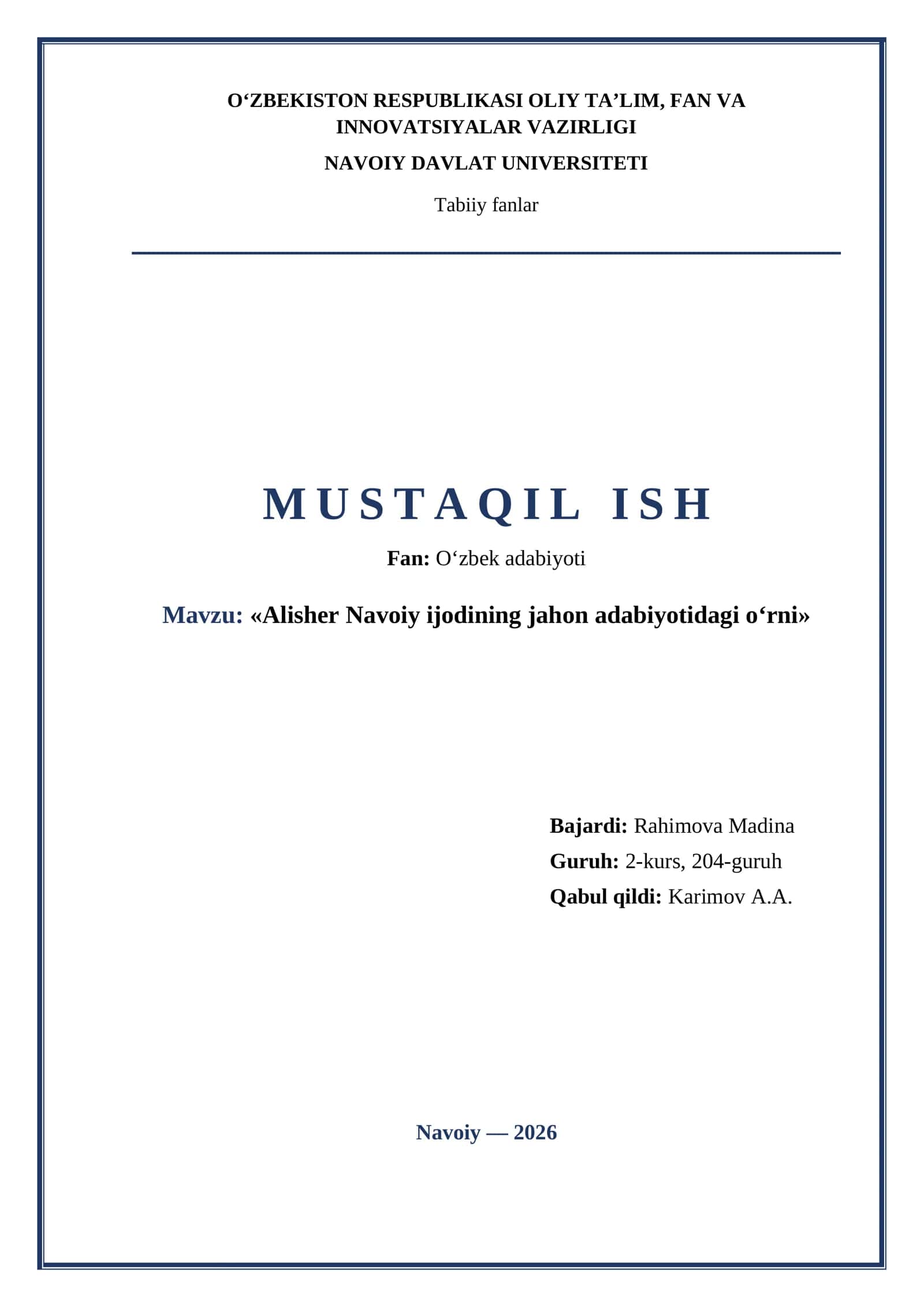 «Alisher Navoiy ijodining jahon adabiyotidagi o‘rni»