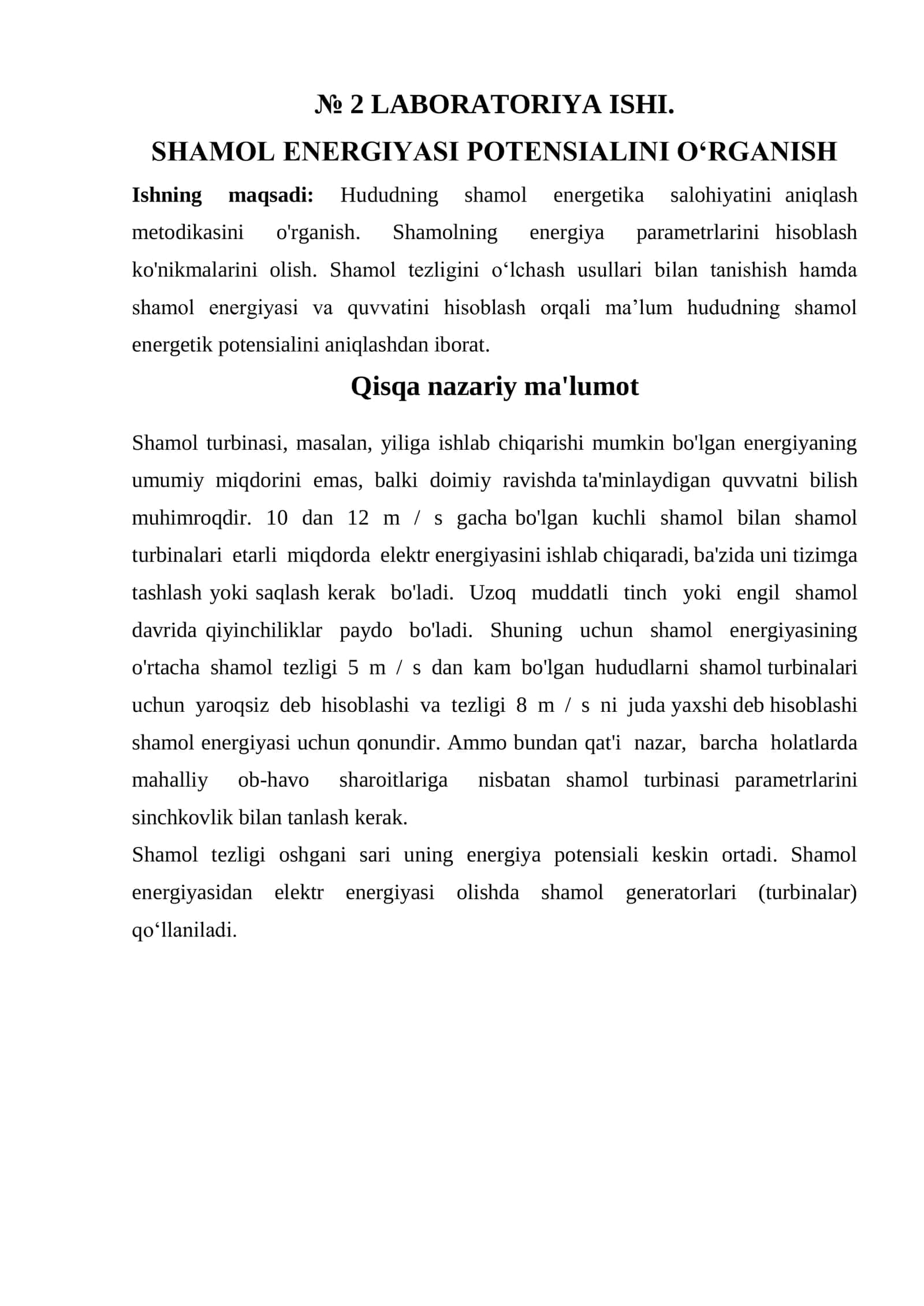 SHAMOL ENERGIYASI POTENSIALINI O‘RGANISH