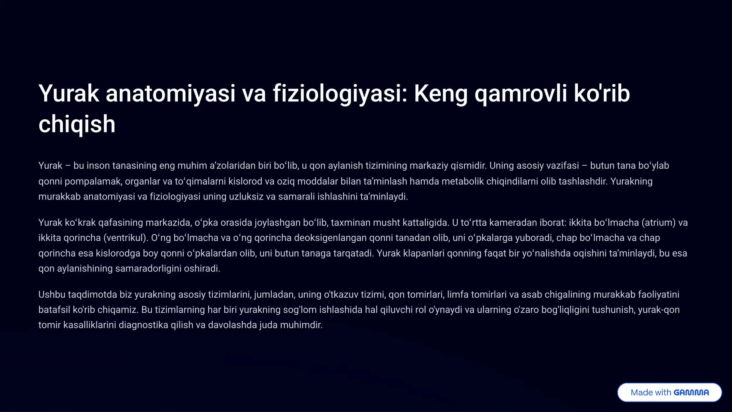 Yurak anatomiyasi va fiziologiyasi: Keng qamrovli ko'rib chiqish