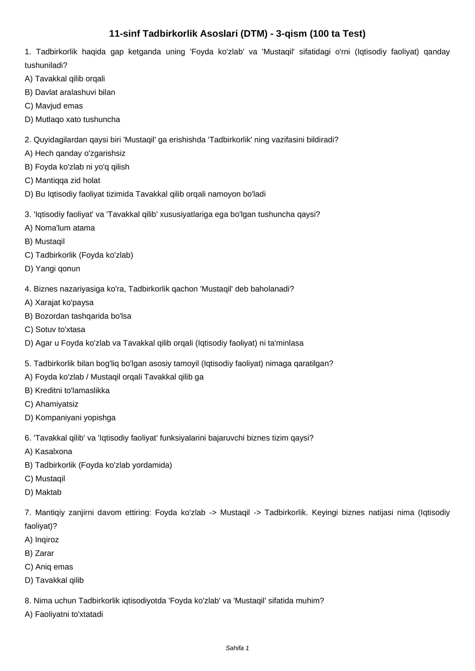 11-sinf Tadbirkorlik Asoslari (DTM) - 3-qism (100 ta Test)