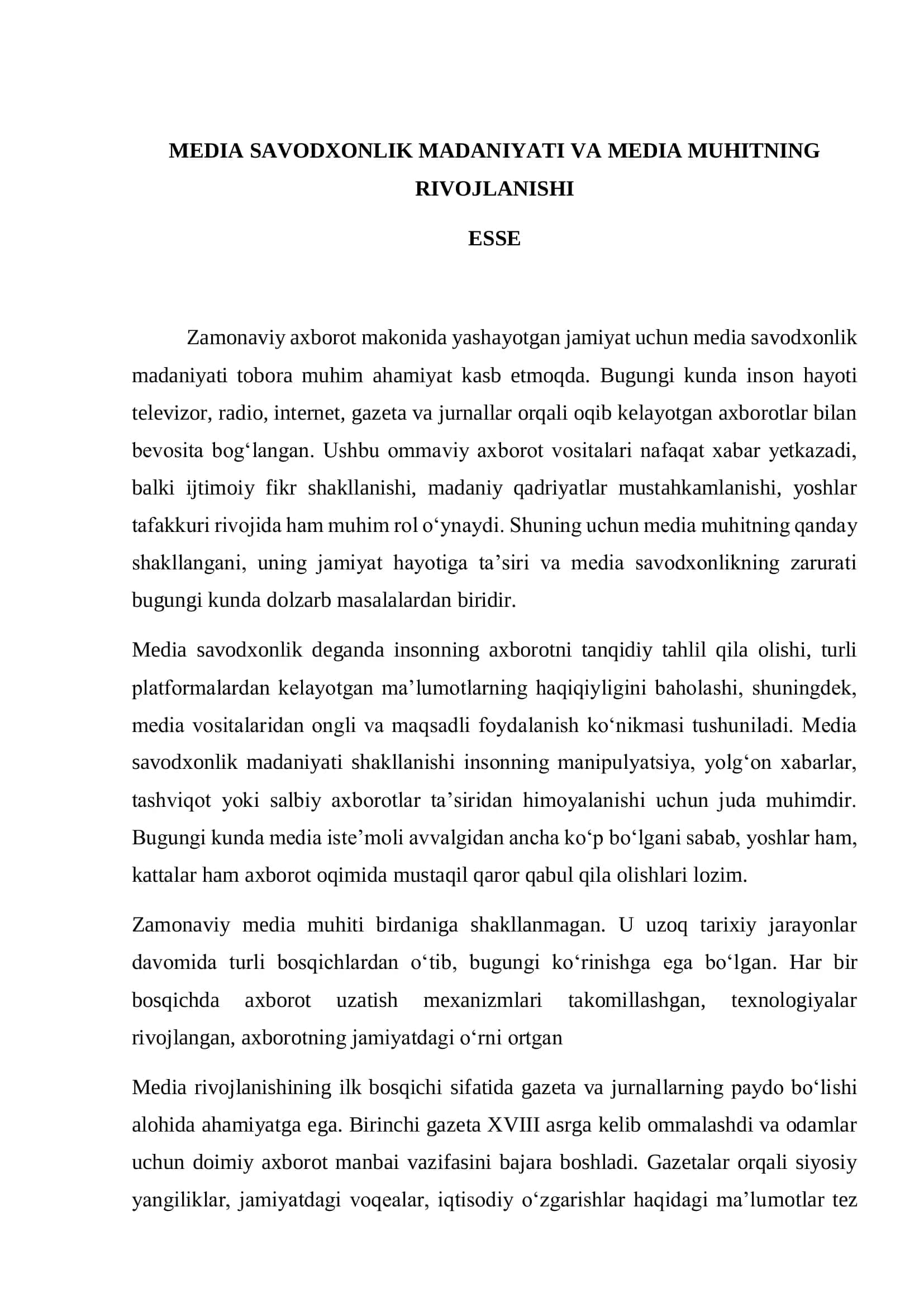 MEDIA SAVODXONLIK MADANIYATI VA MEDIA MUHITNING RIVOJLANISHI