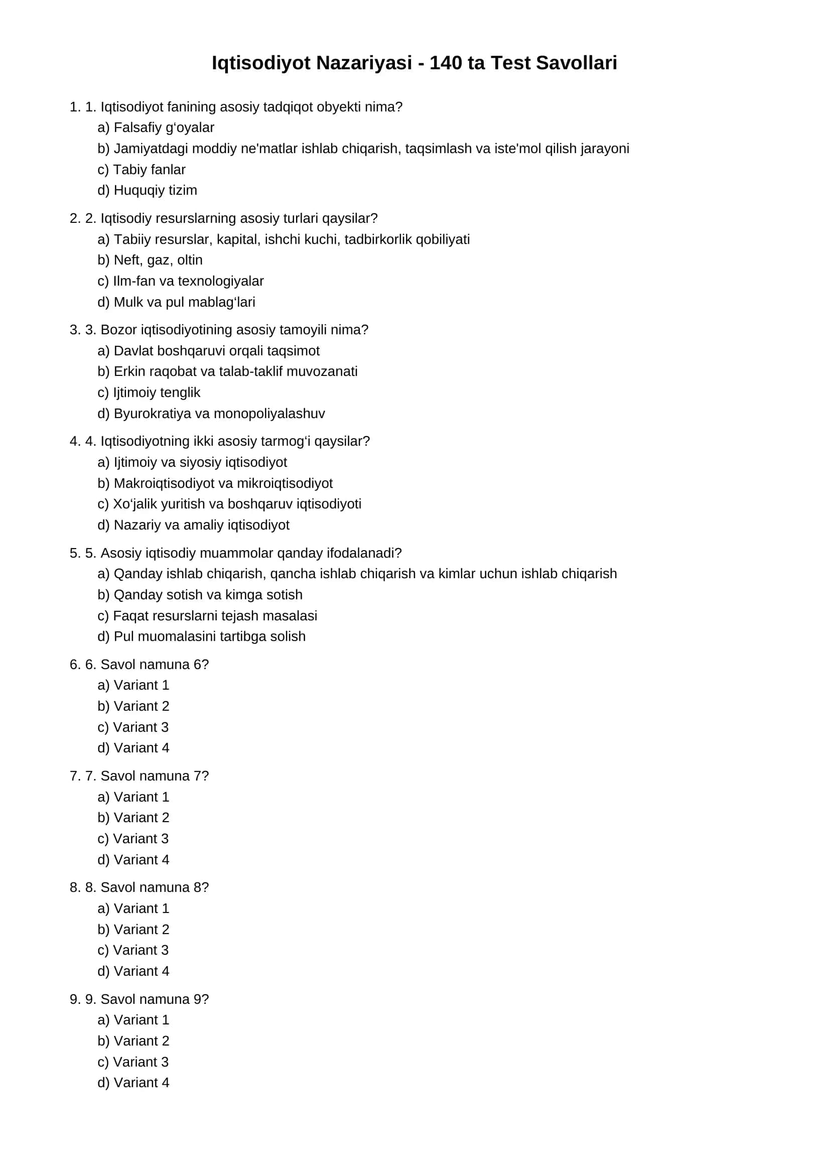 Iqtisodiyot Nazariyasi - 140 ta Test Savollari