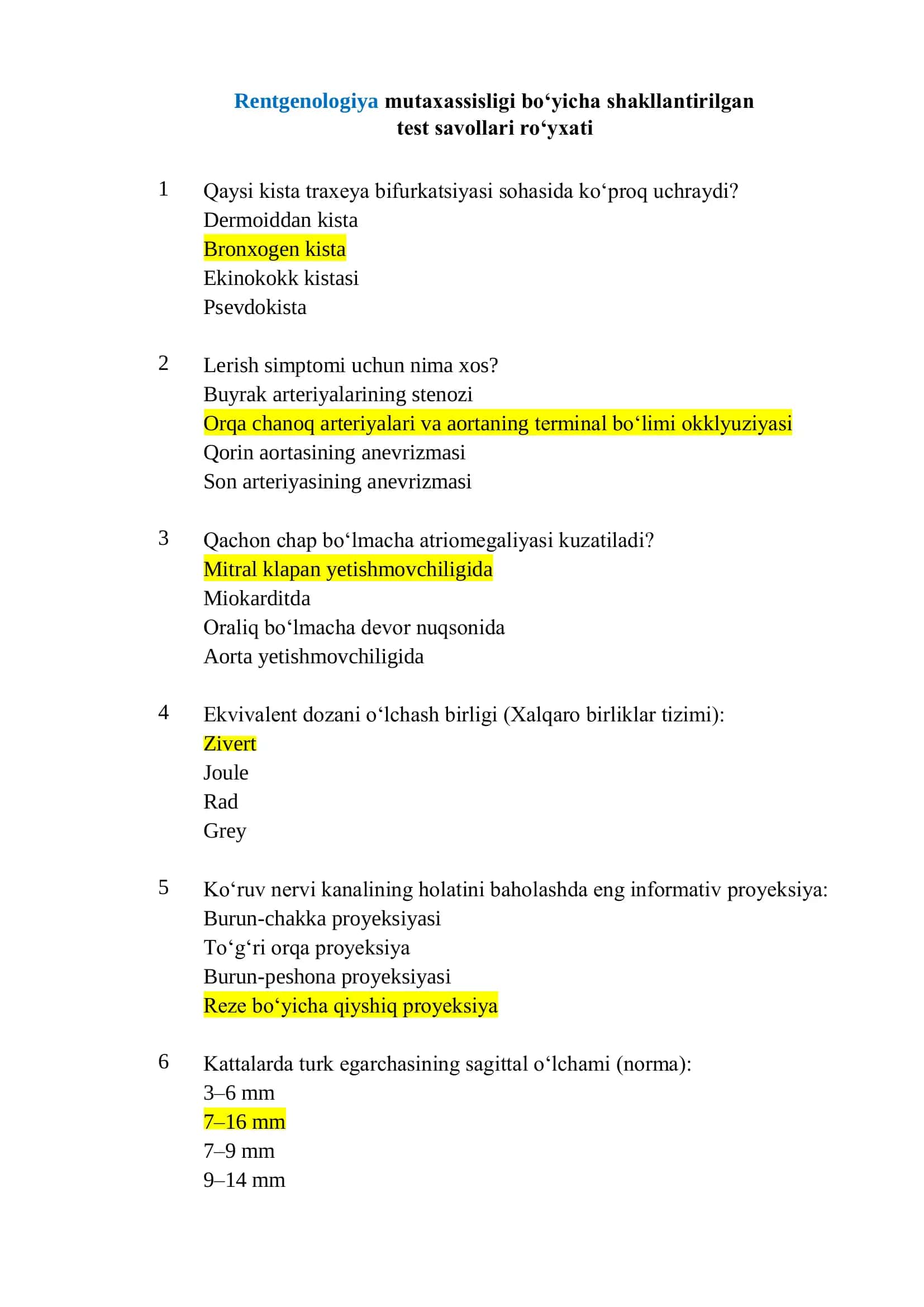Rentgenologiya mutaxassisligi boʻyicha shakllantirilgan test savollari roʻyxati