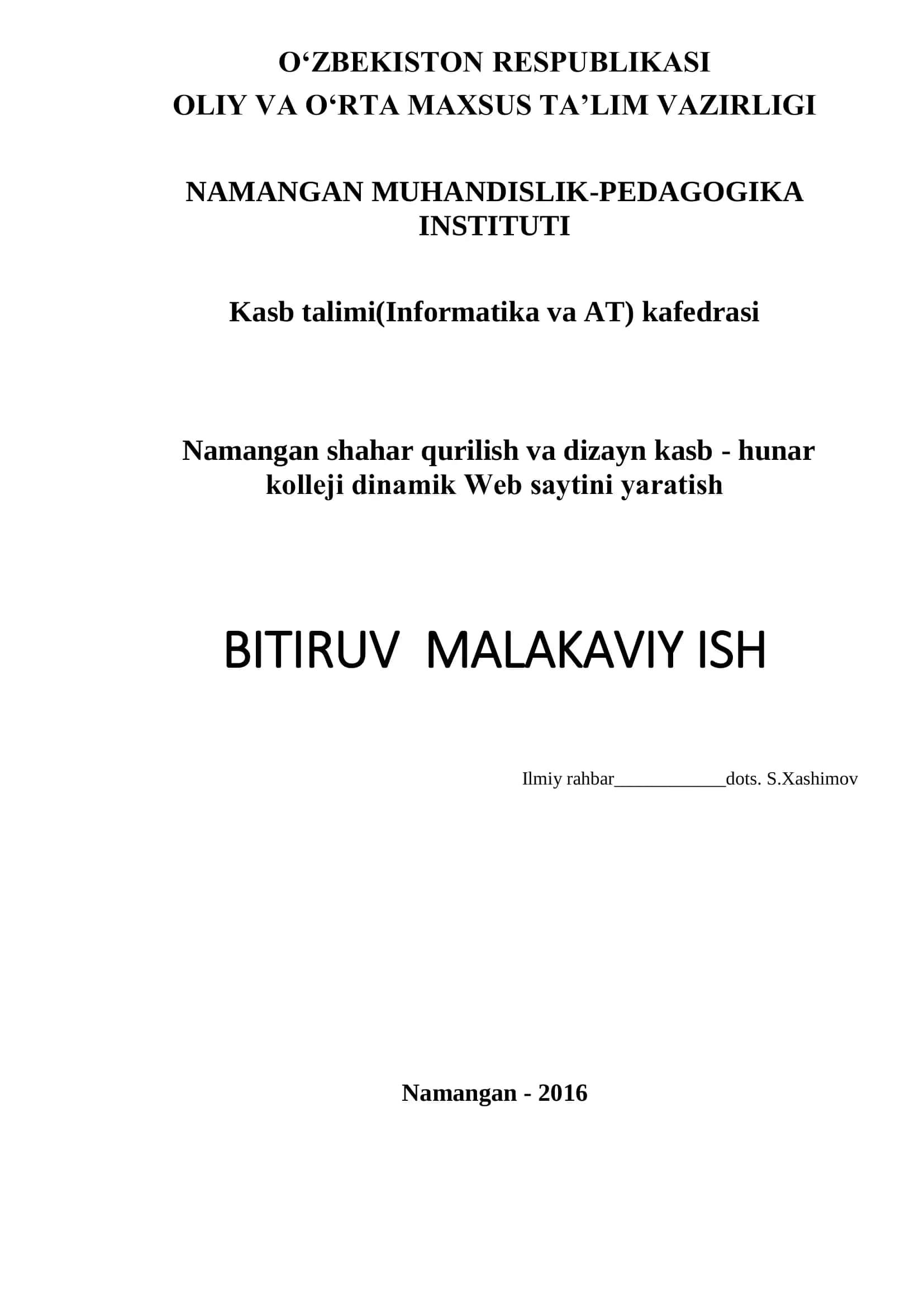 Namangan shahar qurilish va dizayn kasb - hunar kollеji dinamik Web saytini yaratish