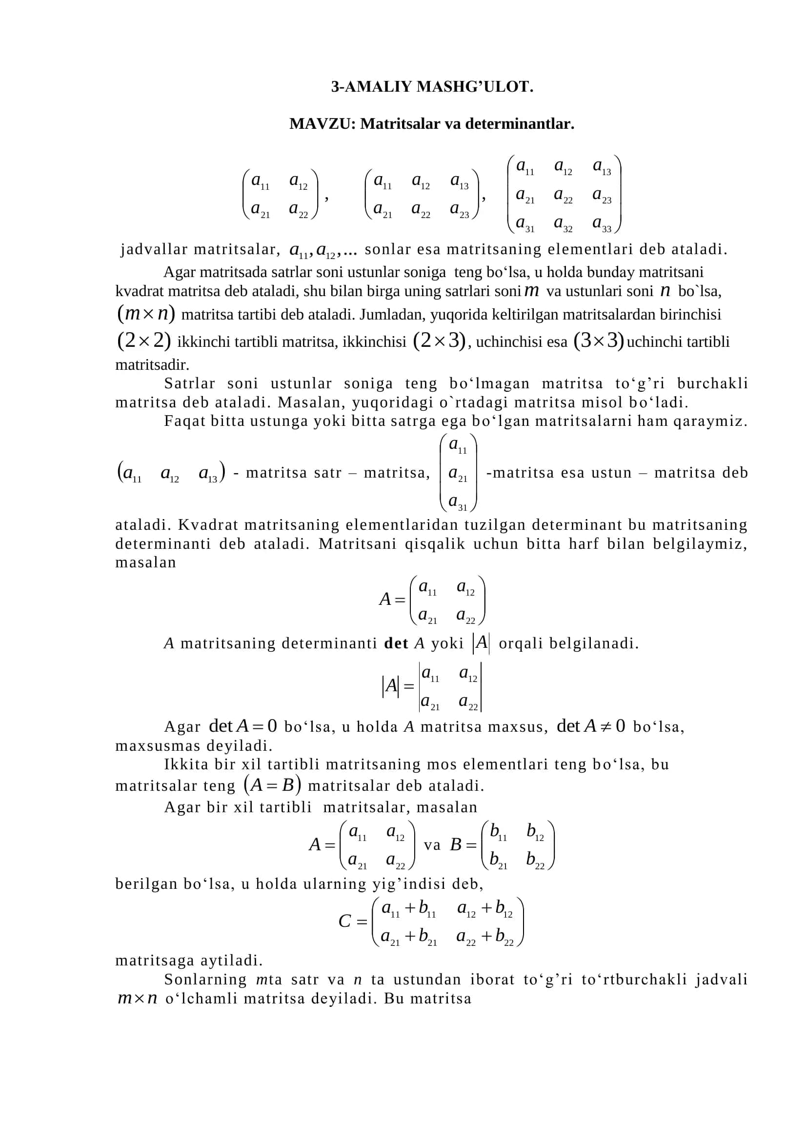 MATRITSALAR VA DETERMINANTLAR