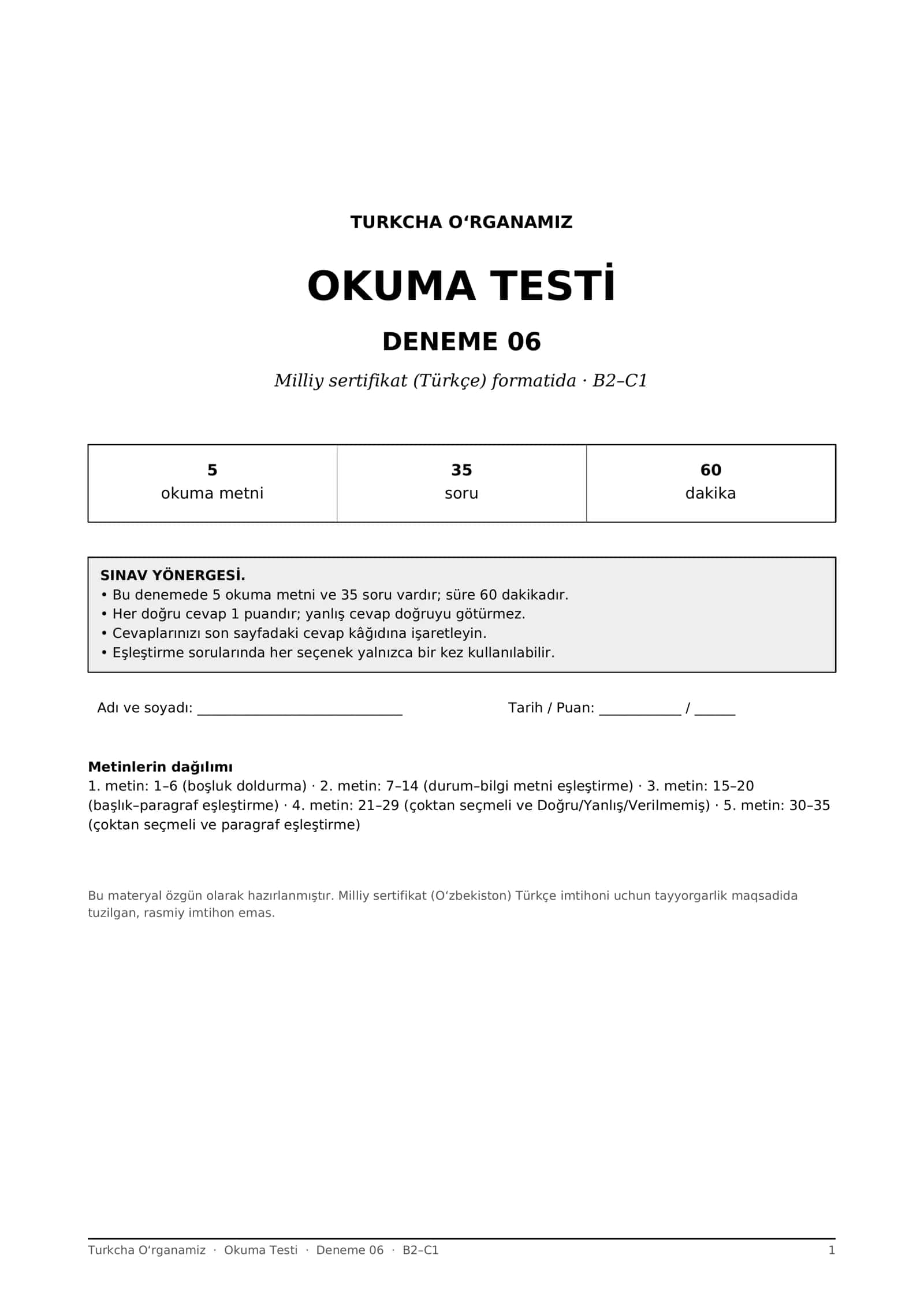Turk tili Okuma testlari 06-10 deneme B2-C1 (Milliy sertifikat formati, javoblar bilan)