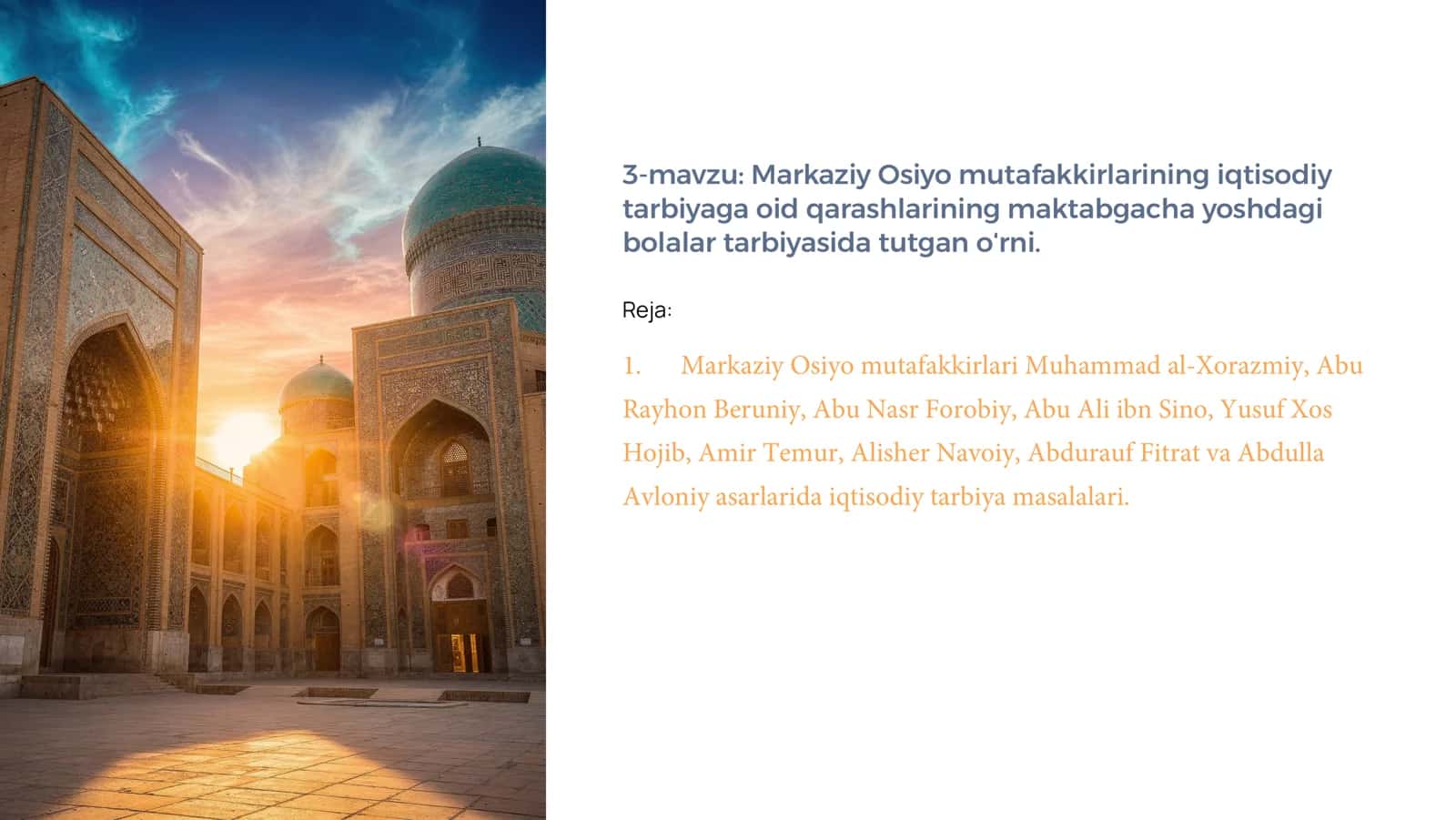 3-mavzu: Markaziy Osiyo mutafakkirlarining iqtisodiy tarbiyaga oid qarashlarining maktabgacha yoshdagi bolalar tarbiyasida tutgan o»rni