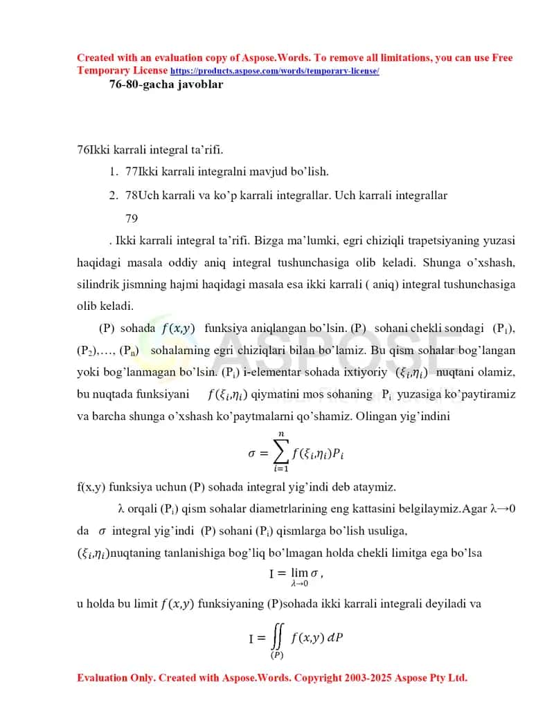 Ikki karrali integral ta’rifi va xossalari