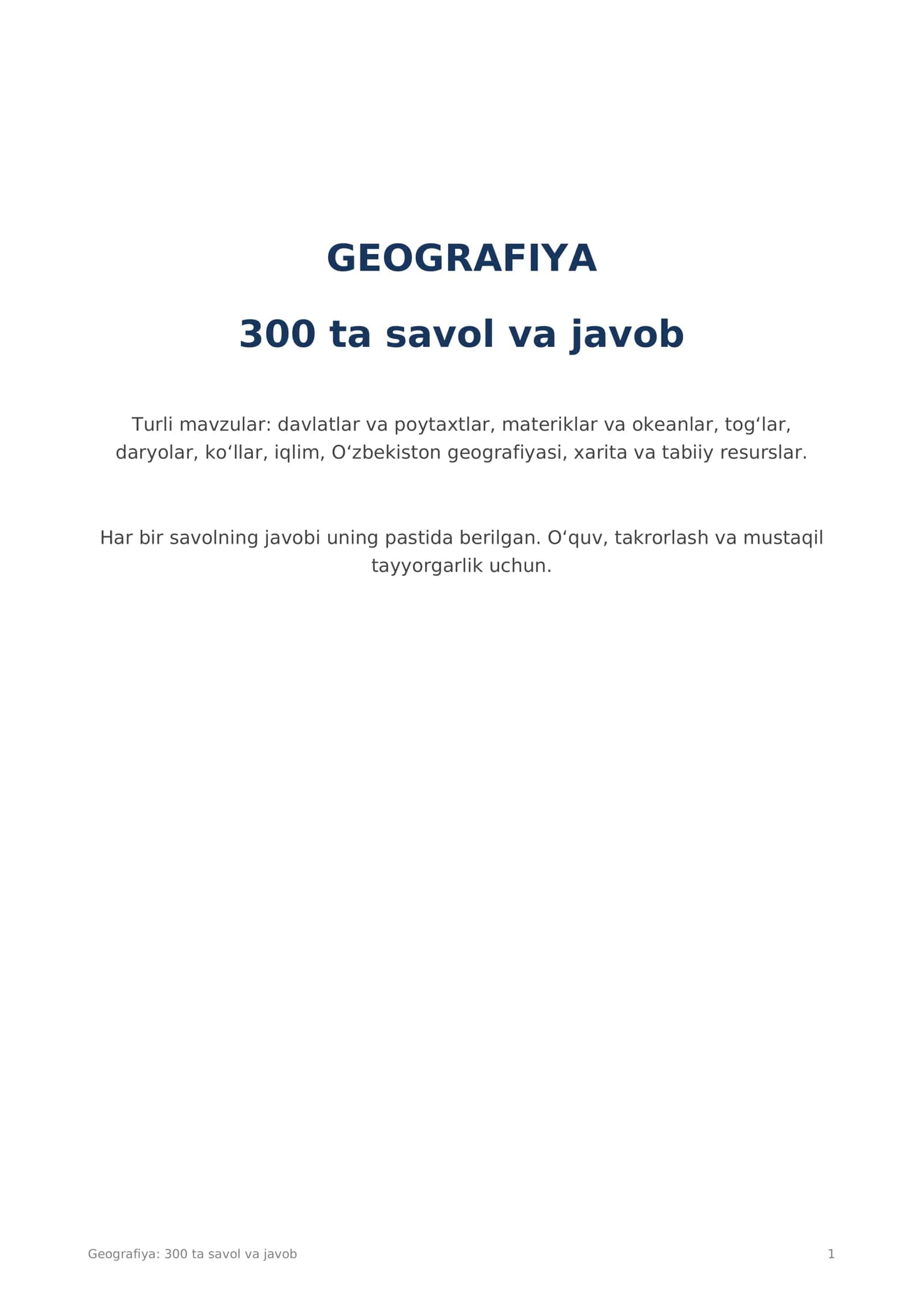 Geografiya fanidan 300 ta savol va javob
