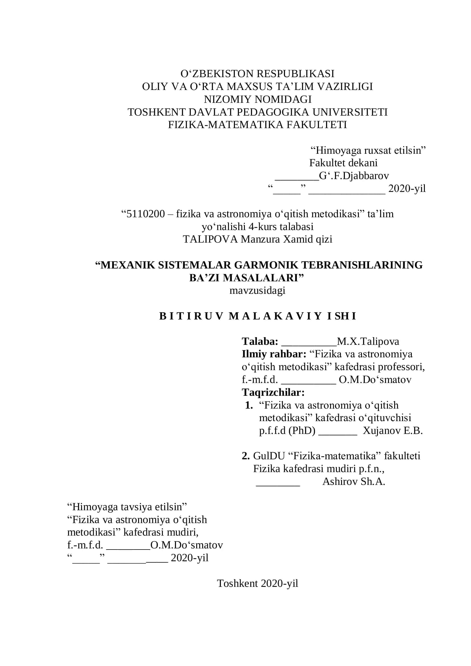 MEXANIK SISTEMALAR GARMONIK TEBRANISHLARINING BA’ZI MASALALARI