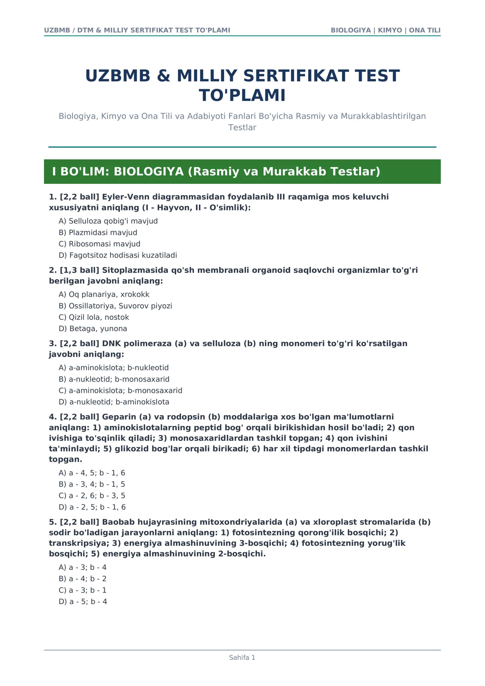UZBMB & MILLIY SERTIFIKAT TEST TO'PLAMI