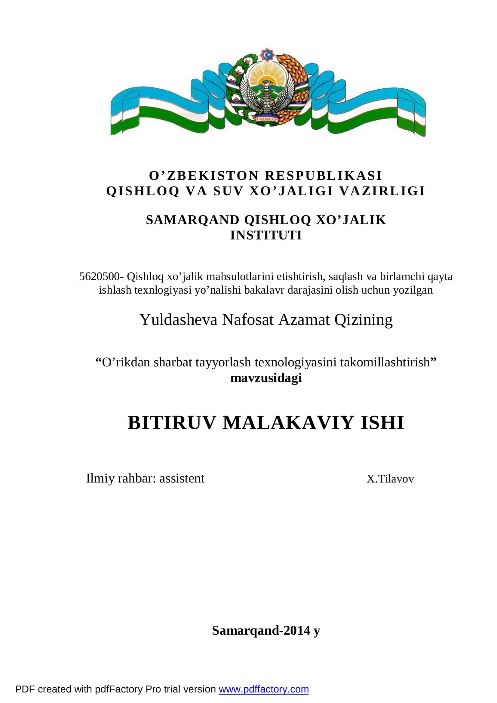 "O’rikdan sharbat tayyorlash texnologiyasini takomillashtirish" mavzusidagi BITIRUV MALAKAVIY ISHI