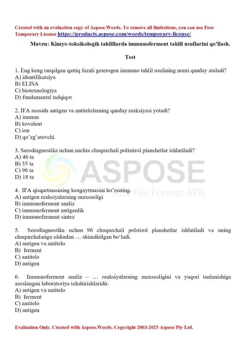 15. Kimyo-toksikologik tahlillarda immunoferment tahlil usullarini qo'llash. Test, 10 ta.