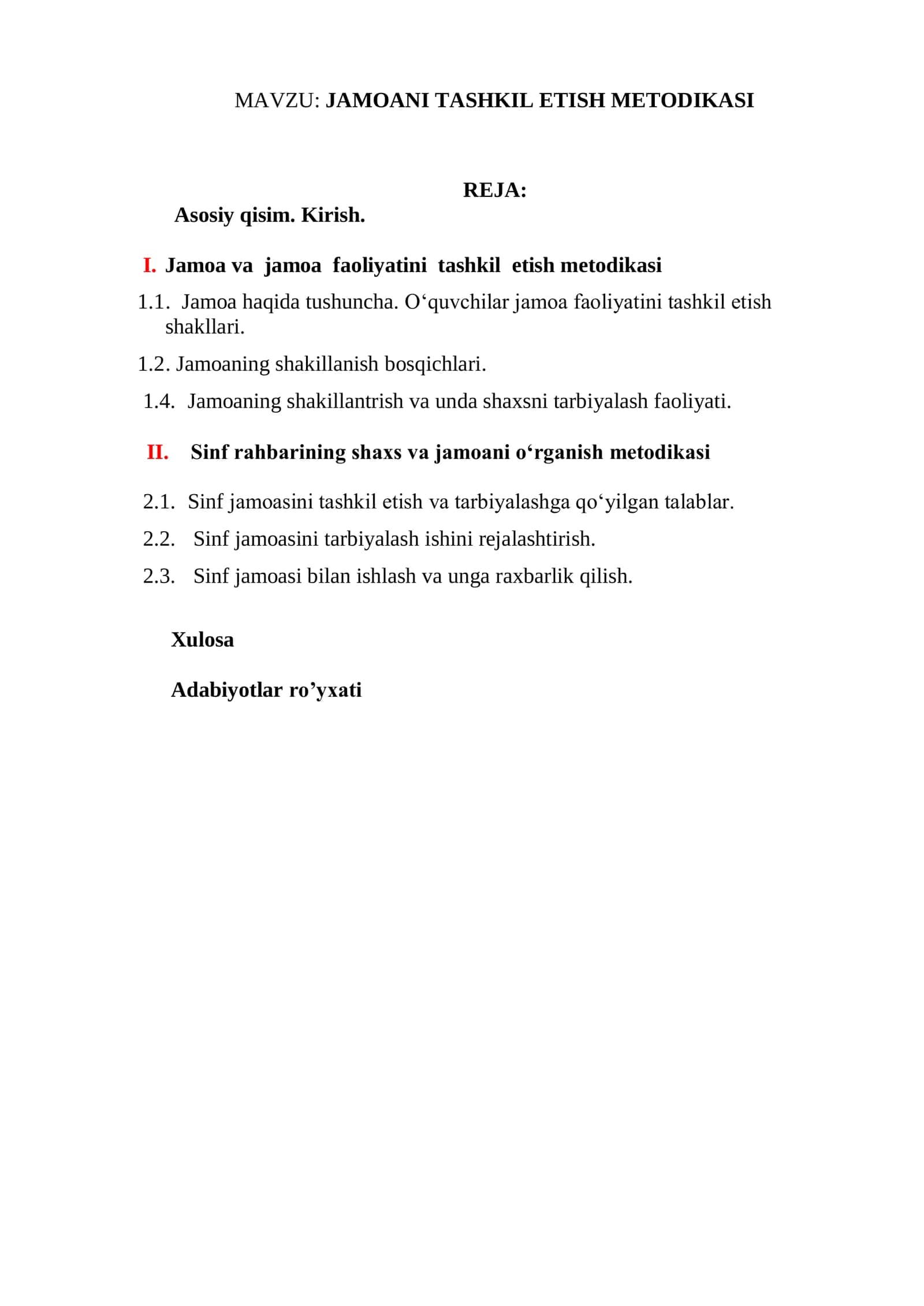 JAMOANI TASHKIL ETISH METODIKASI