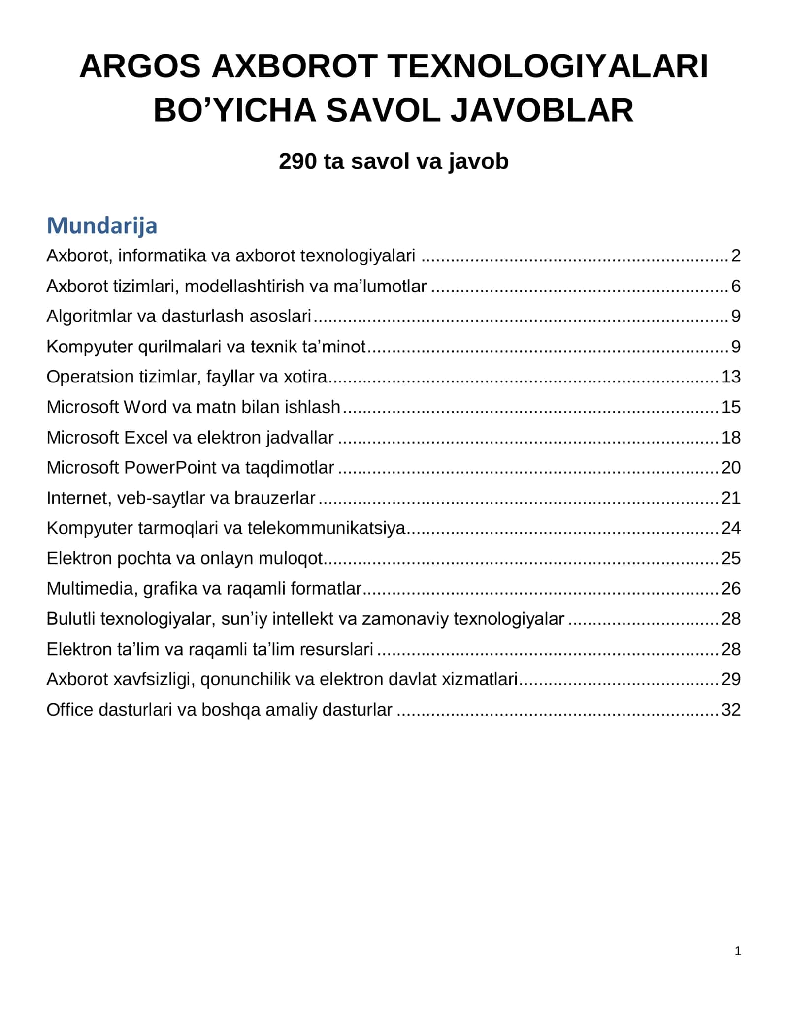 ARGOS Informatika fanidan 290 ta savol-javob | 2027