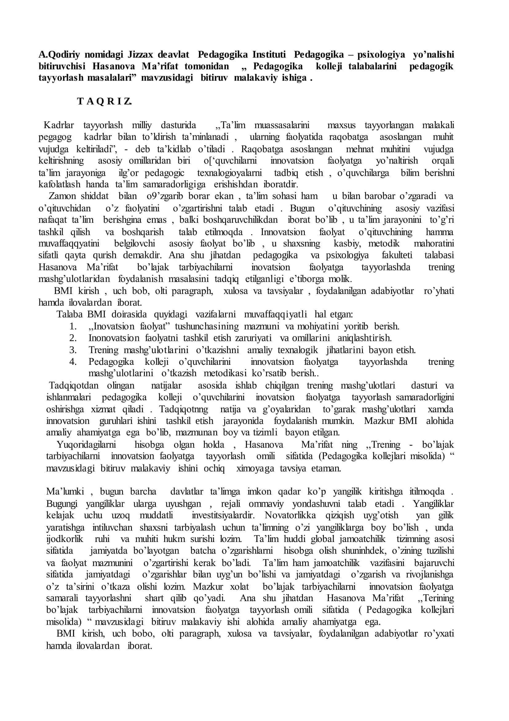 Pedagogika kolleji talabalarini pedagogik tayyorlash masalalari