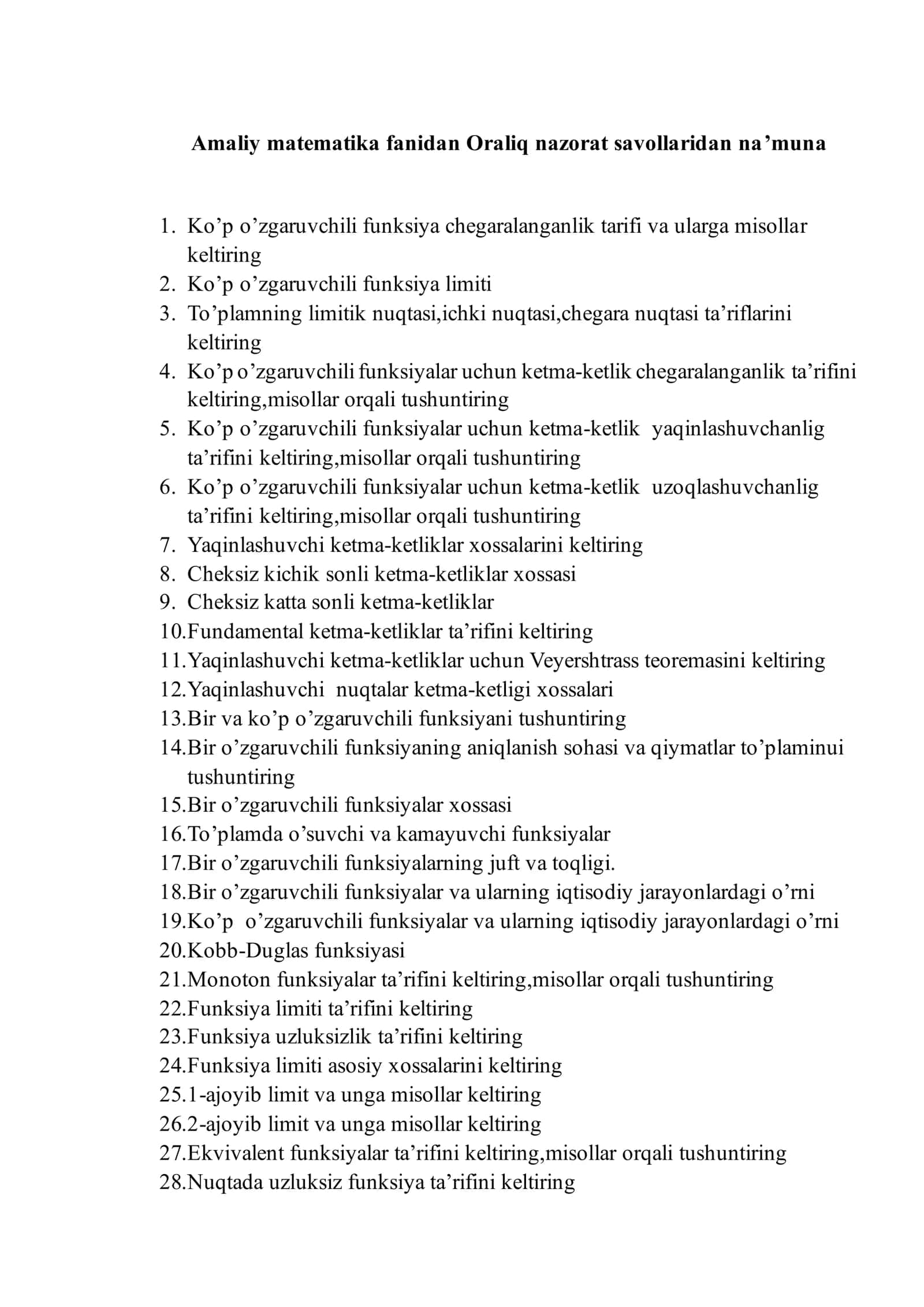 Amaliy matematika fanidan Oraliq nazorat savollaridan na’muna