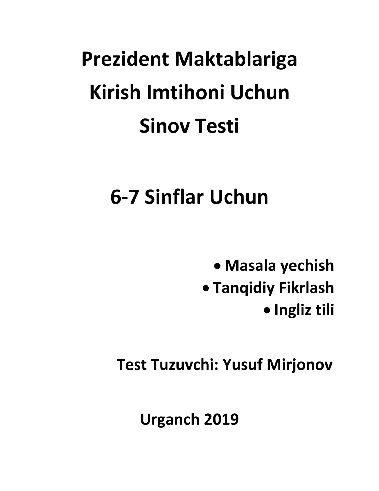 Prezident Maktablariga Kirish Imtihoni Uchun Sinov Testi 6-7 Sinflar Uchun