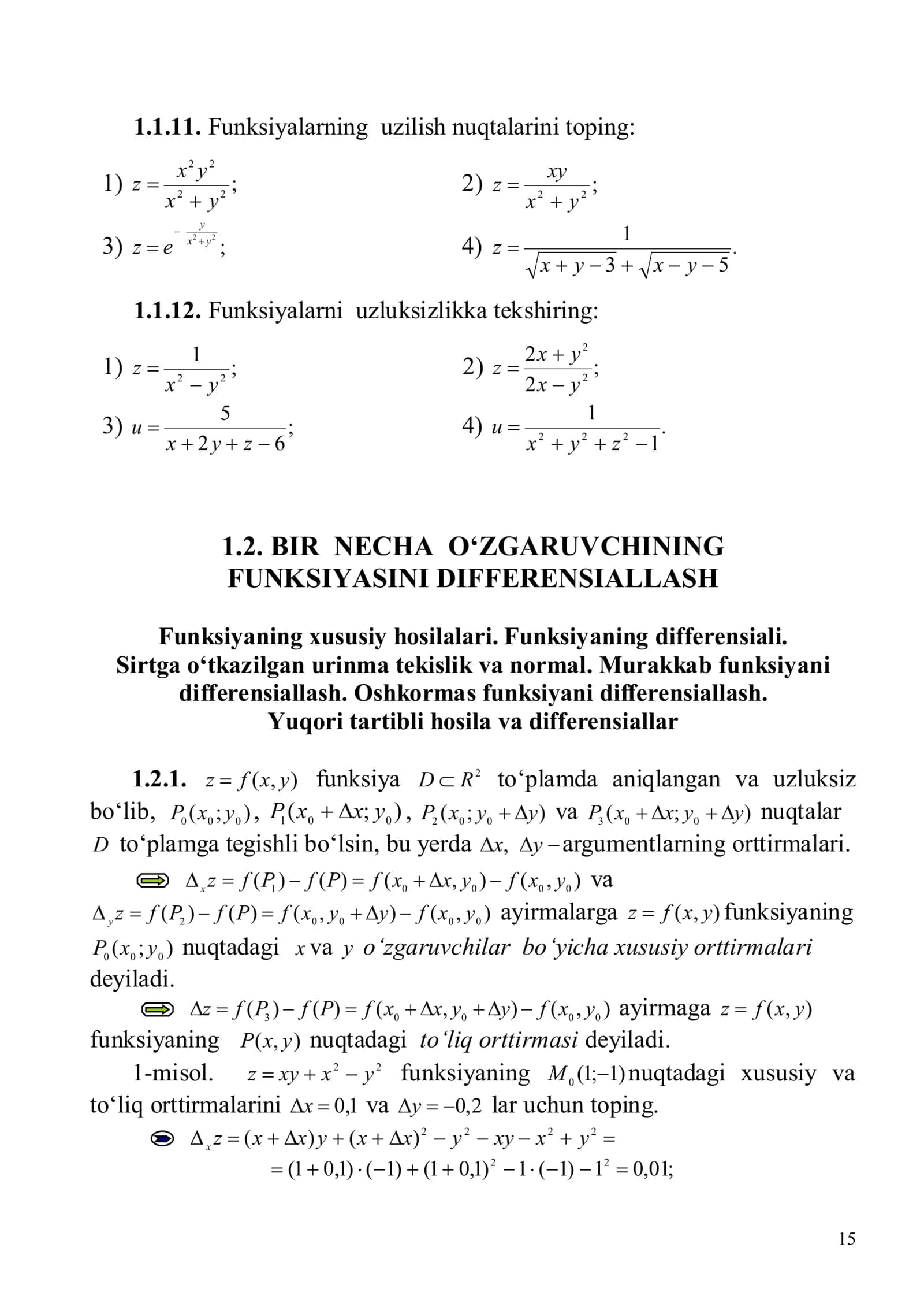 1.2. BIR NECHA O‘ZGARUVCHINING FUNKSIYASINI DIFFERENSIALLASH