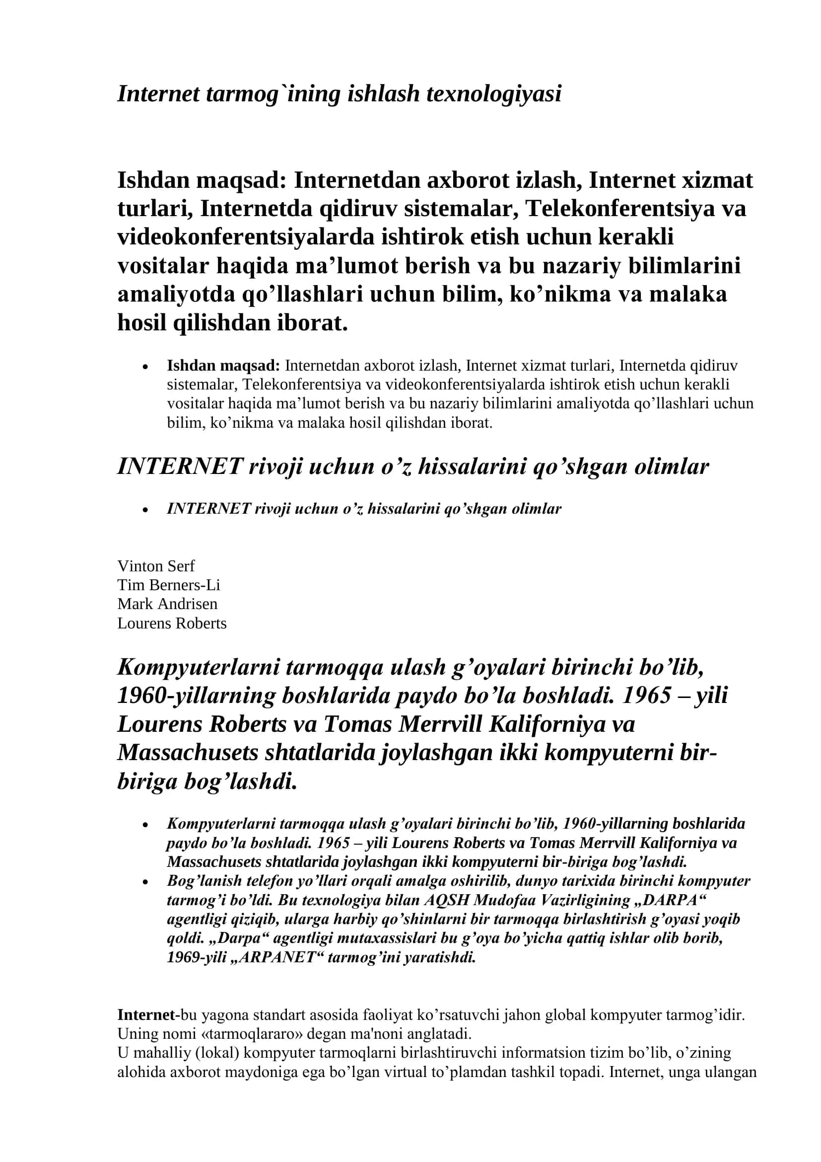 Internet tarmog`ining ishlash texnologiyasi