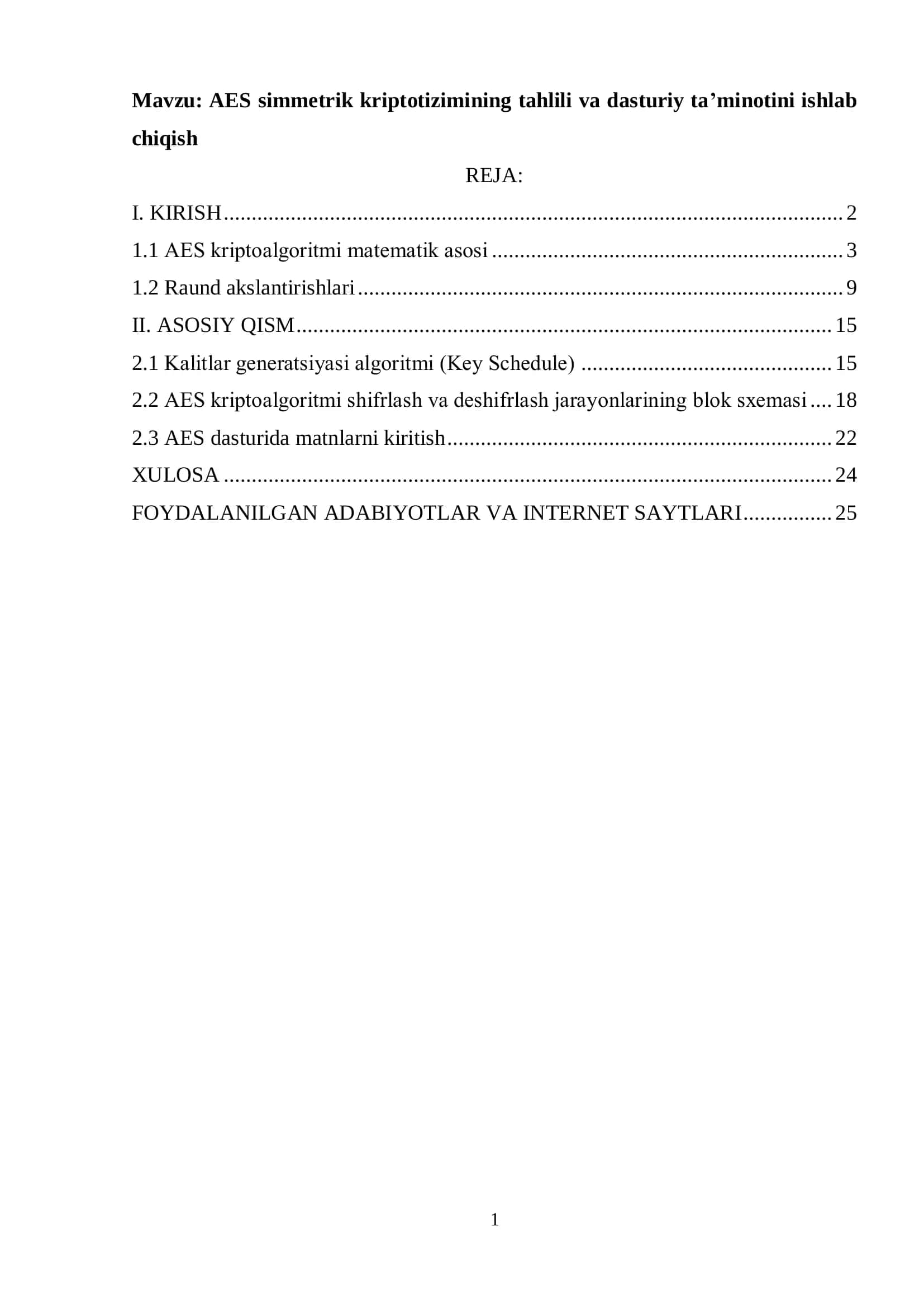 AES simmetrik kriptotizimining tahlili va dasturiy ta’minotini ishlab chiqish