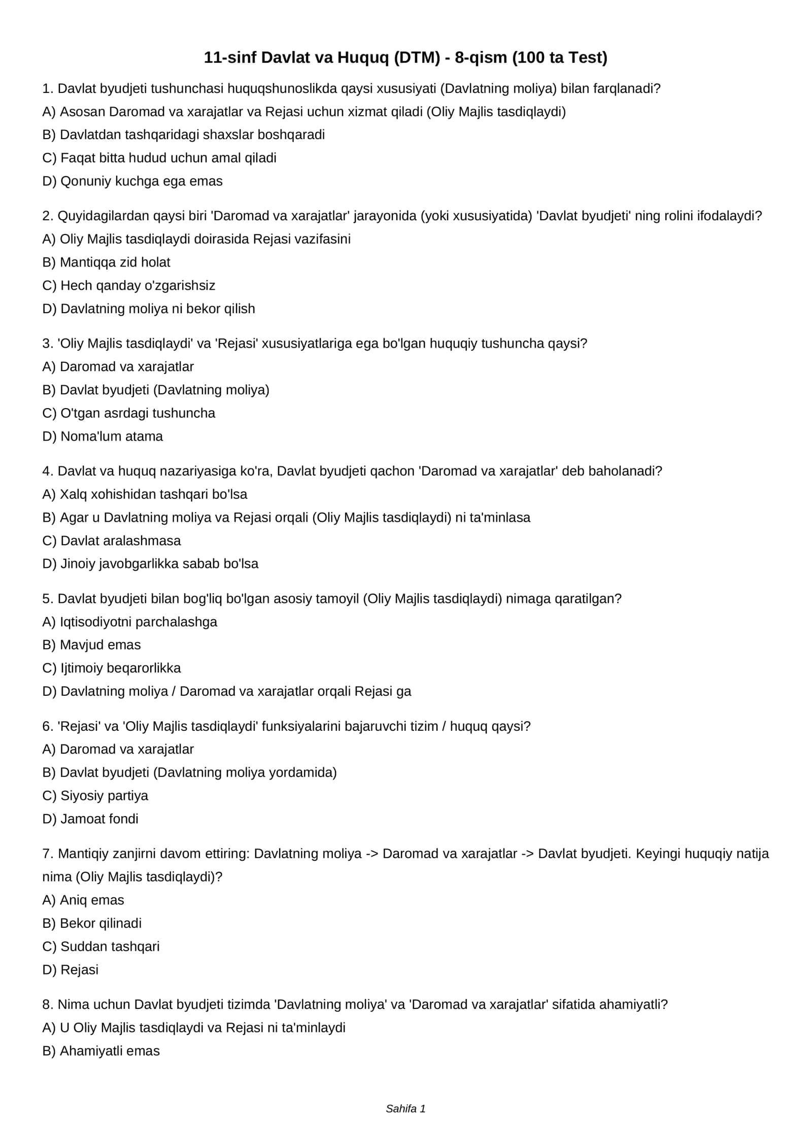 11-sinf Davlat va Huquq (DTM) - 8-qism (100 ta Test)