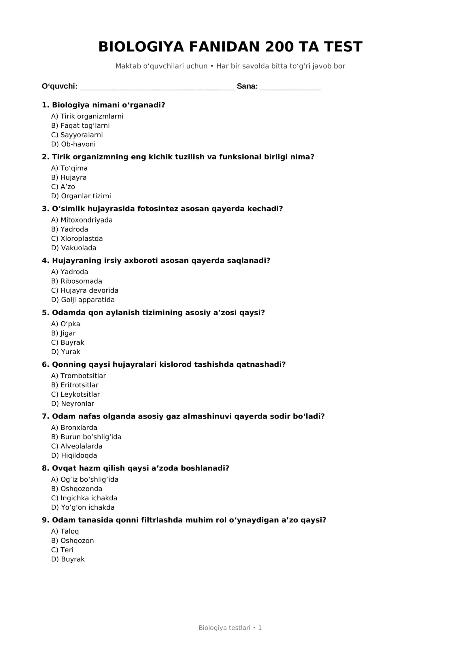 BIOLOGIYA FANIDAN 200 TA TEST