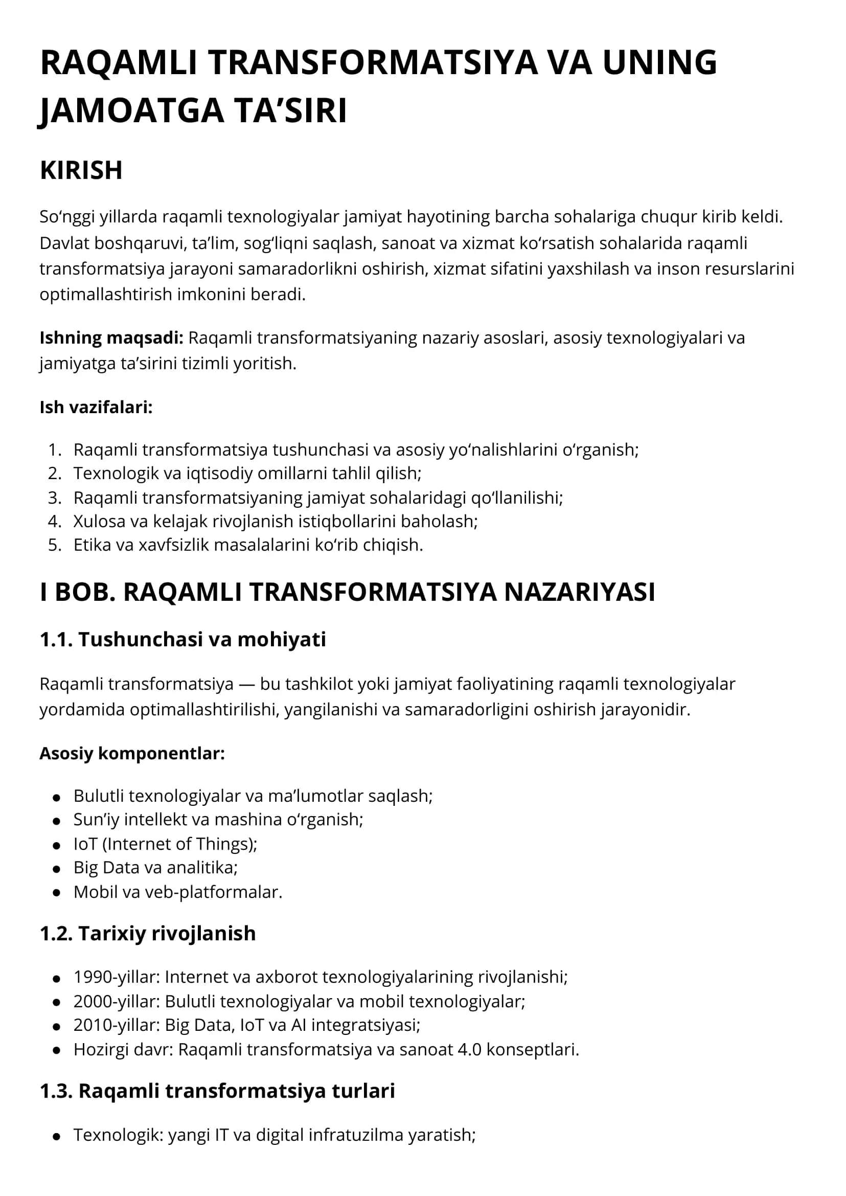 RAQAMLI TRANSFORMATSIYA VA UNING JAMOATGA TA’SIRI
