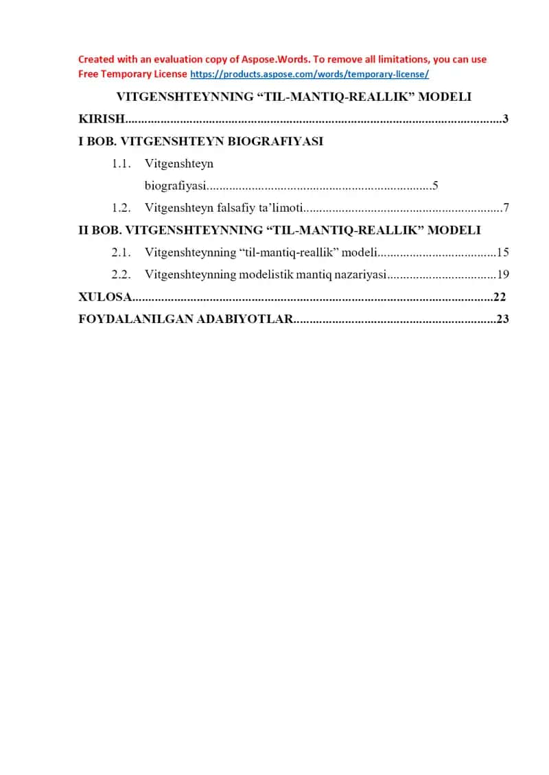 Vitgenshteynning “Til-Mantiq-Reallik” modeli (kurs ishi)