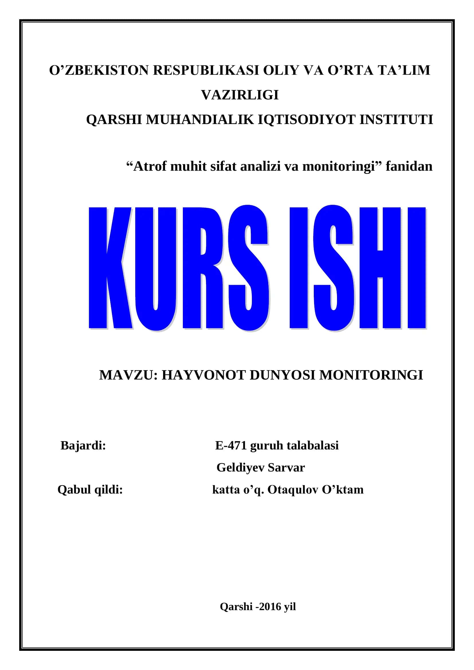 HAYVONOT DUNYOSI MONITORINGI