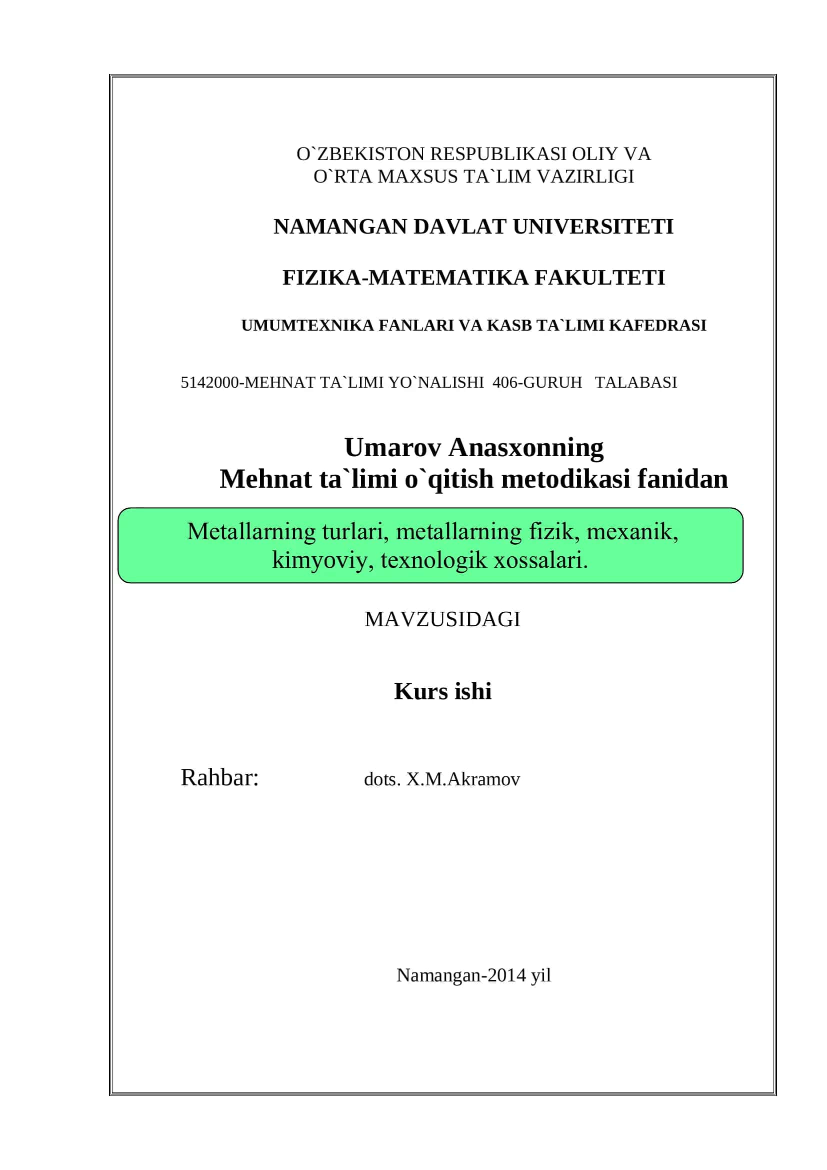 Mehant ta`limi o`qitish metodikasi fanidan