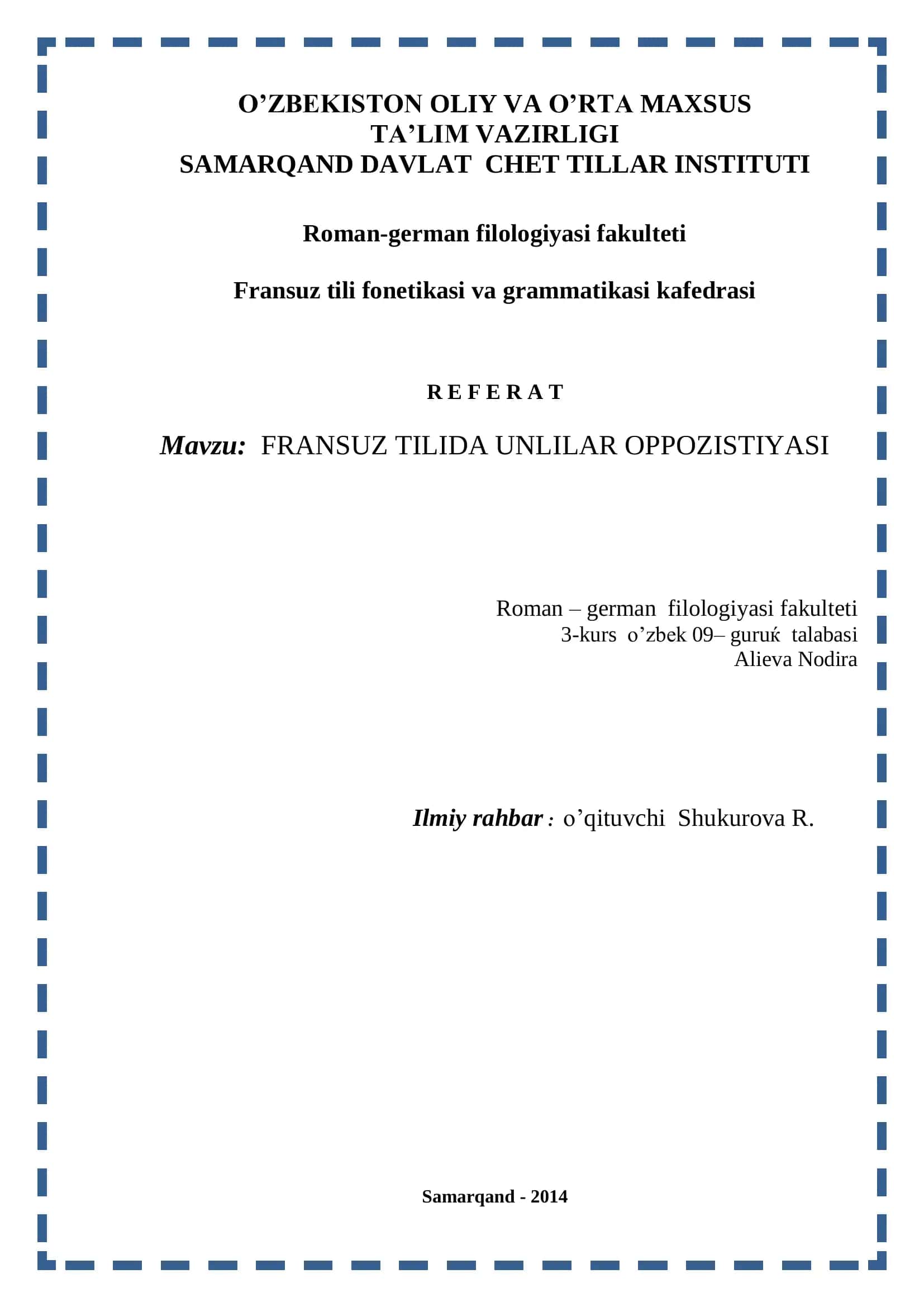 FRANSUZ TILIDA UNLILAR OPPOZISTIYASI