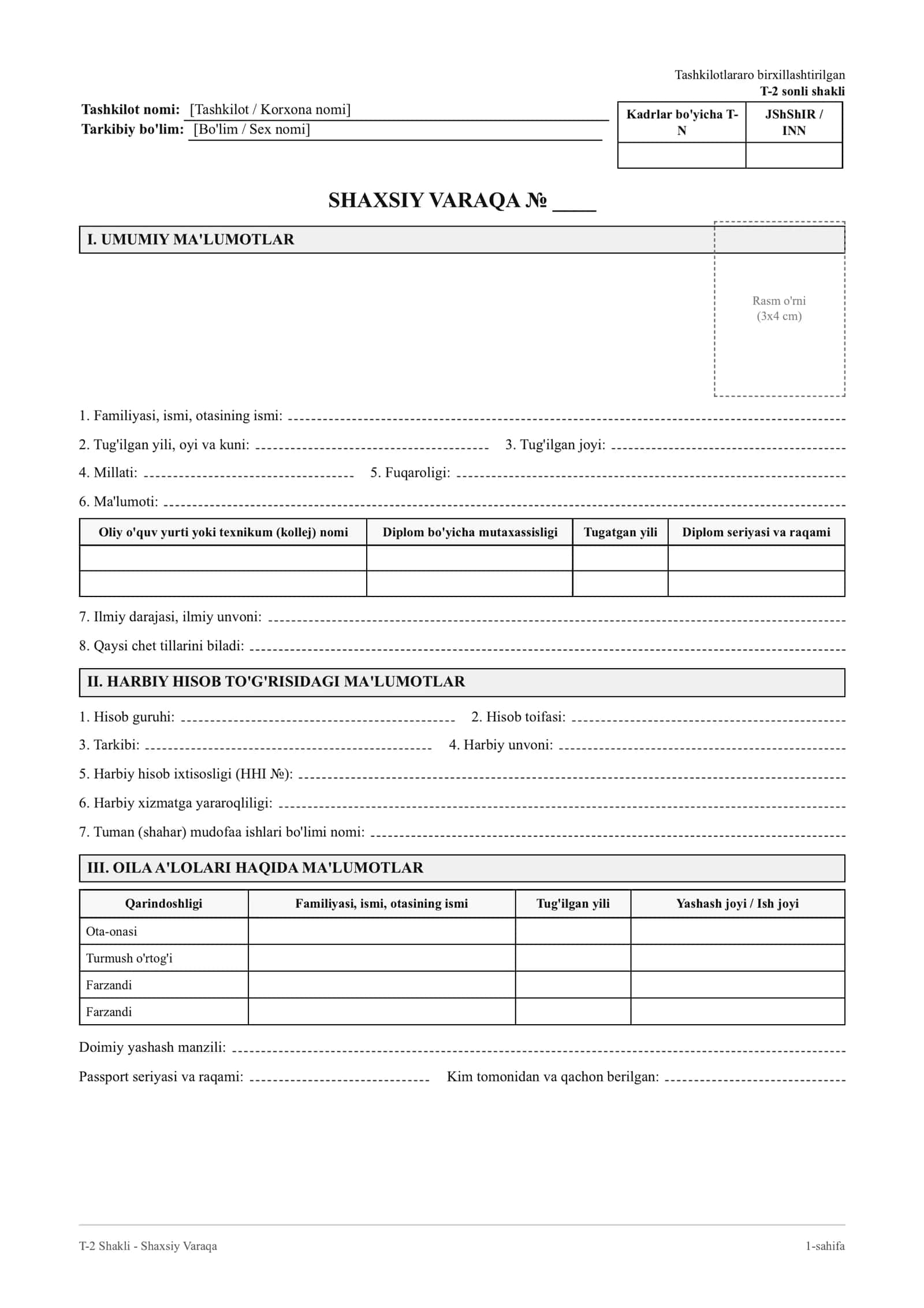 T-2 Forma Shaxsiy Varaqa blankasi — Kadrlar bo'limi uchun namuna (PDF / Word)