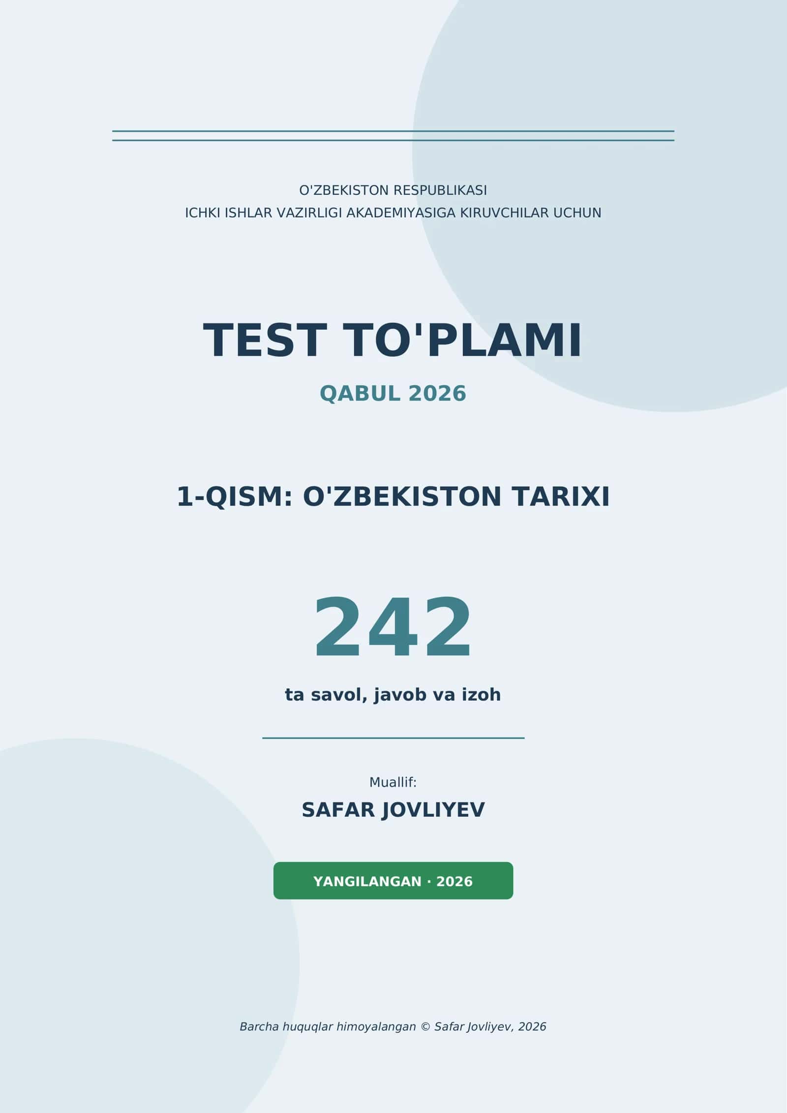 Test to'plami 1-qism: O'zbekiston tarixi